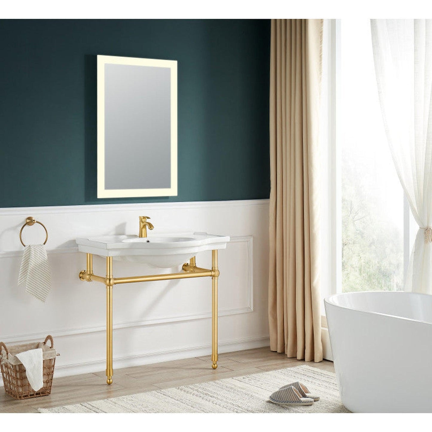 ANZZI Viola Series 35" x 34" White Ceramic Console Sink With Brushed Gold Stainless Steel Stand Legs