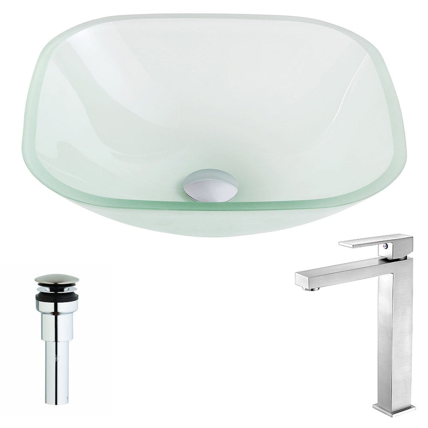 ANZZI Vista Series 17" x 17" Square Shape Lustrous Frosted Deco-Glass Vessel Sink With Polished Chrome Pop-Up Drain and Brushed Nickel Enti Faucet