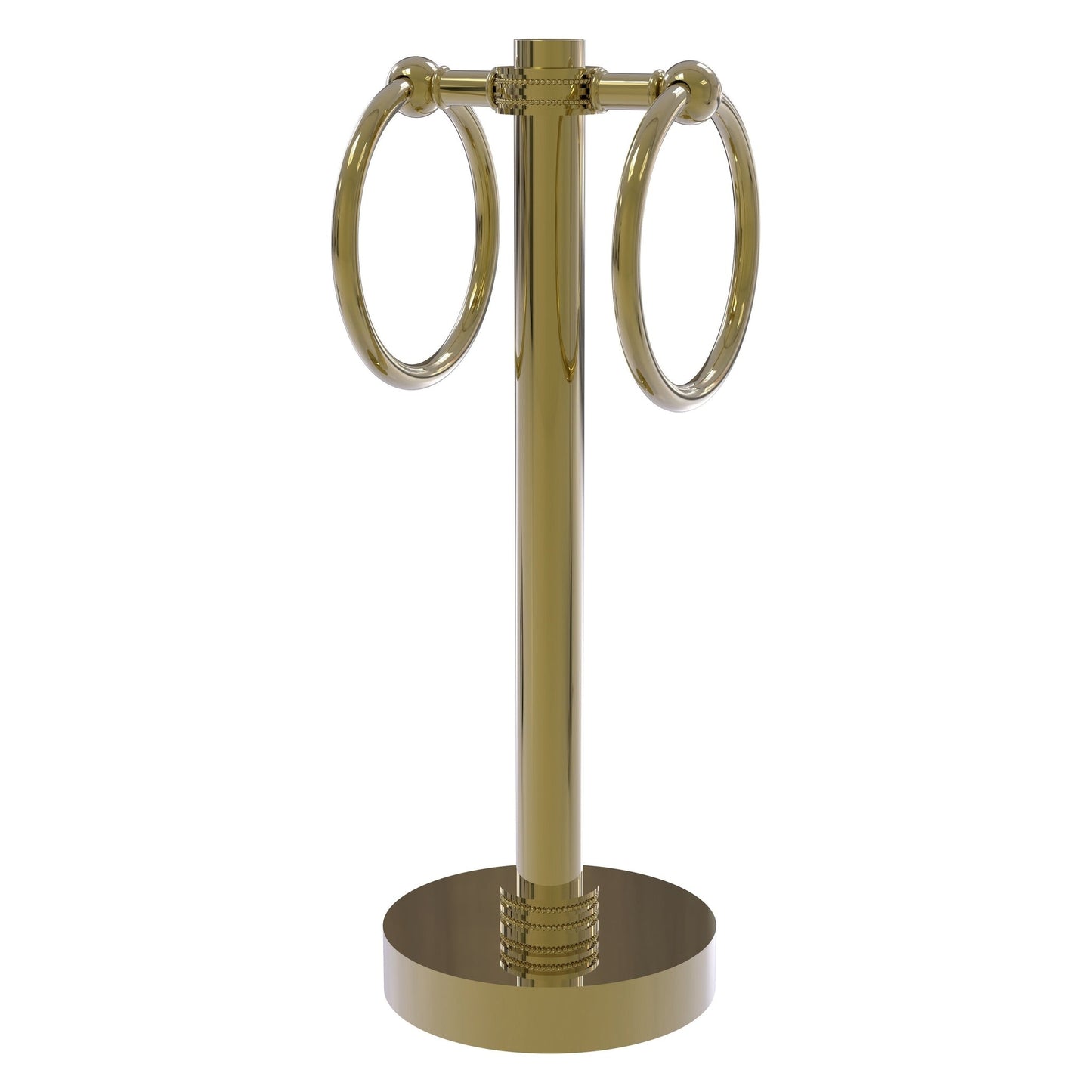 Allied Brass 953D 5" x 5" Unlacquered Brass Solid Brass Vanity Top 2-Ring Guest Towel Holder With Dotted Accents