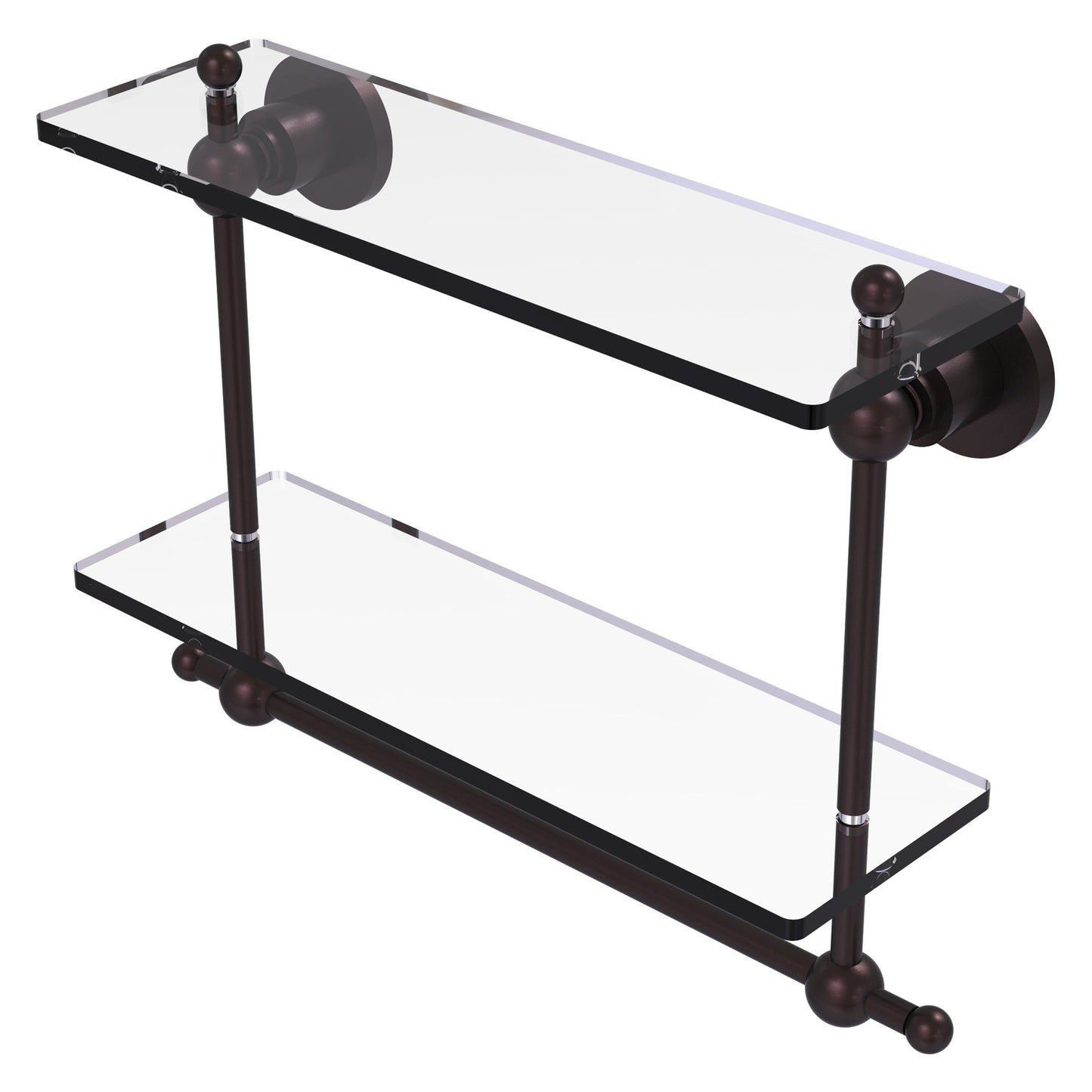 Allied Brass Astor Place 16" x 5" Antique Bronze Solid Brass Two-Tiered Glass Shelf With Integrated Towel Bar