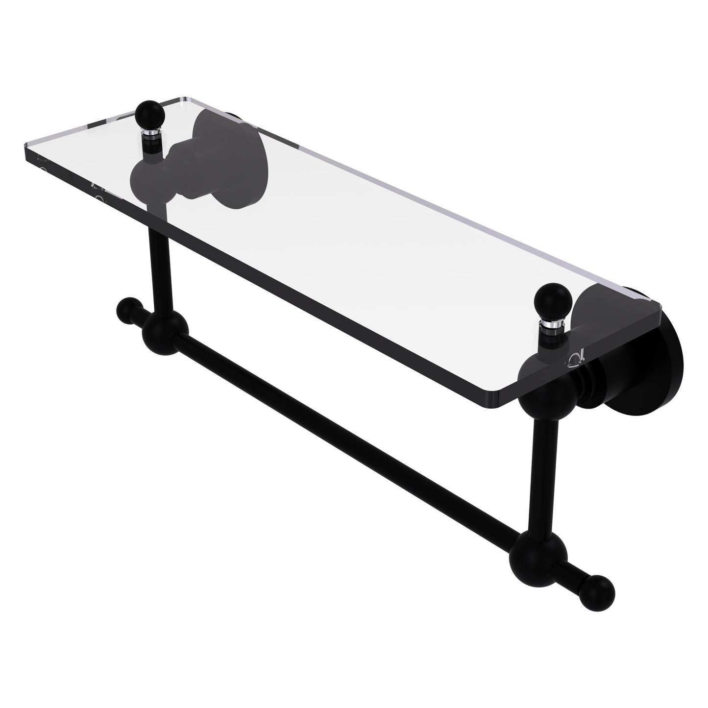 Allied Brass Astor Place 16" x 5" Matte Black Solid Brass Glass Vanity Shelf With Integrated Towel Bar