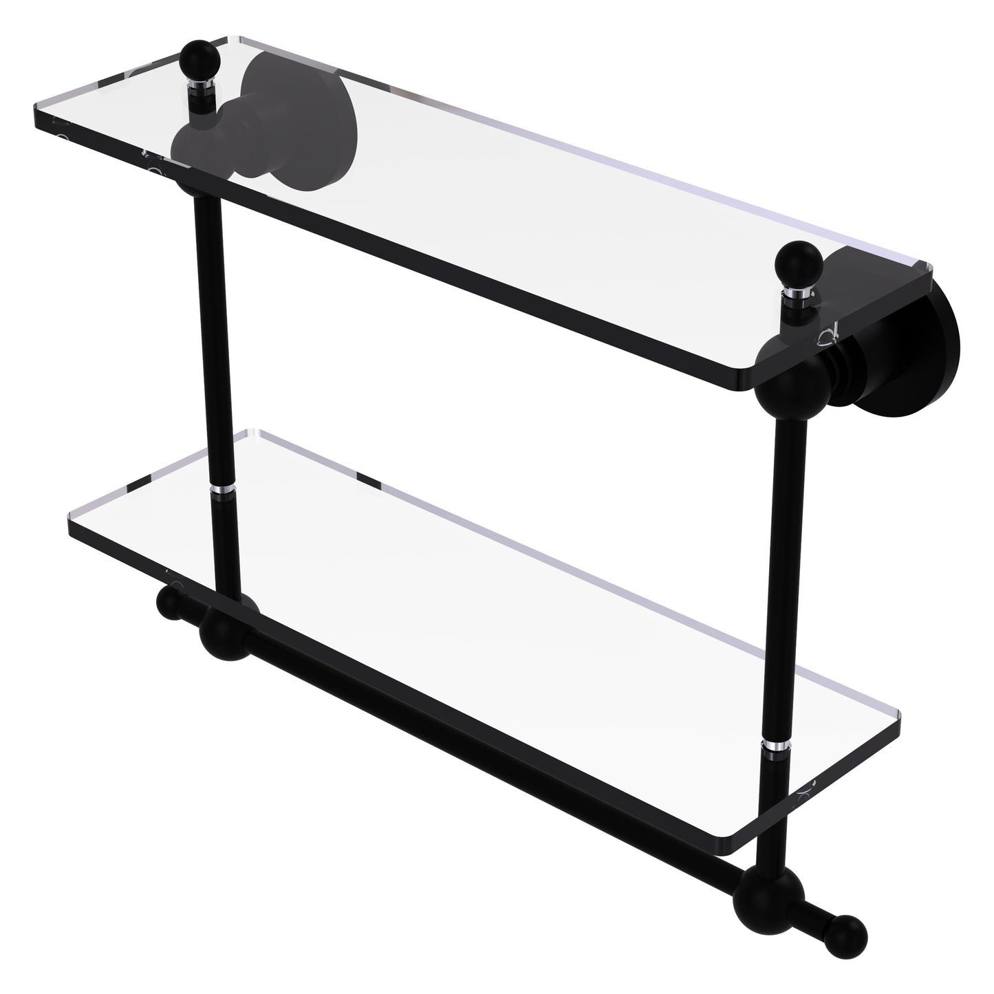 Allied Brass Astor Place 16" x 5" Matte Black Solid Brass Two-Tiered Glass Shelf With Integrated Towel Bar
