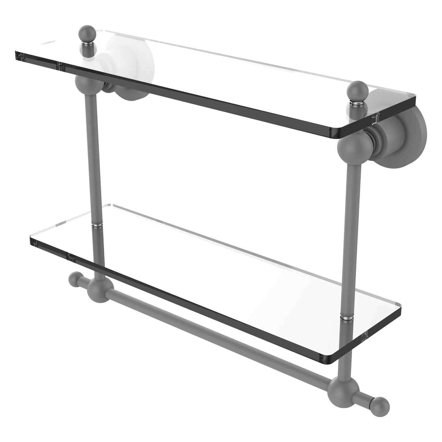 Allied Brass Astor Place 16" x 5" Matte Gray Solid Brass Two-Tiered Glass Shelf With Integrated Towel Bar