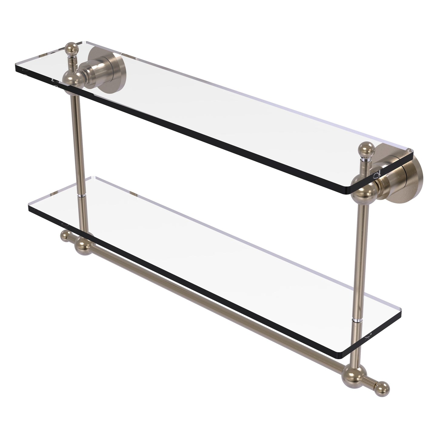 Allied Brass Astor Place 22" x 5" Antique Pewter Solid Brass Two-Tiered Glass Shelf With Integrated Towel Bar