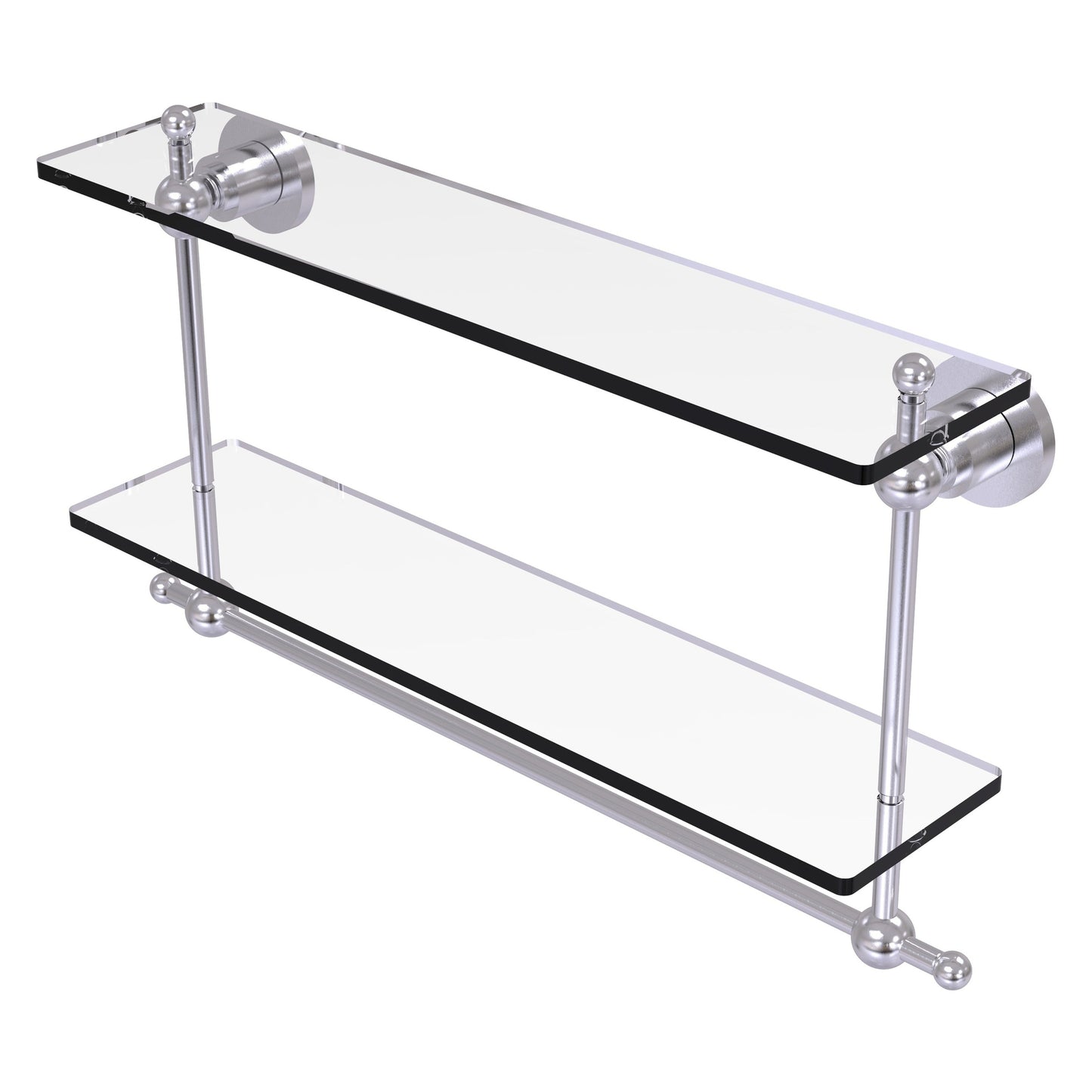 Allied Brass Astor Place 22" x 5" Satin Chrome Solid Brass Two-Tiered Glass Shelf With Integrated Towel Bar