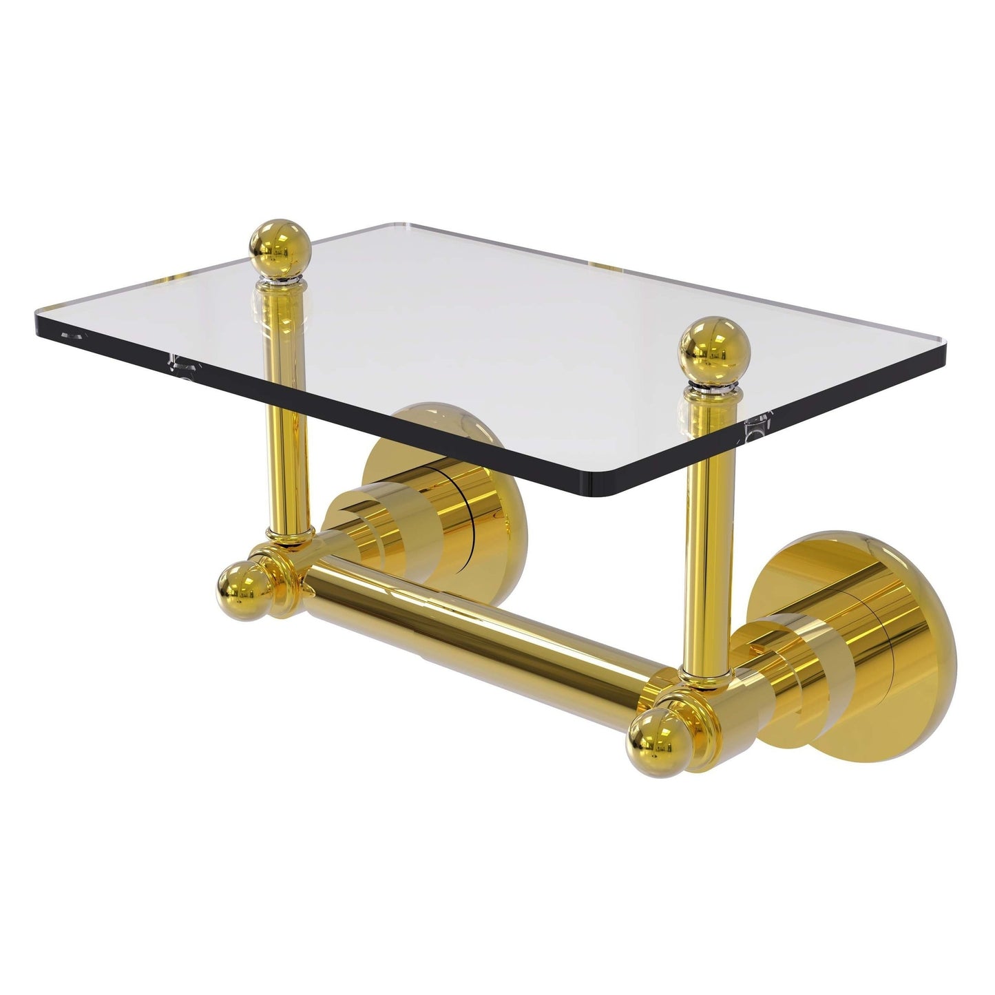 Allied Brass Astor Place 9.22" x 6" Polished Brass Solid Brass Two-Post Toilet Tissue Holder With Glass Shelf