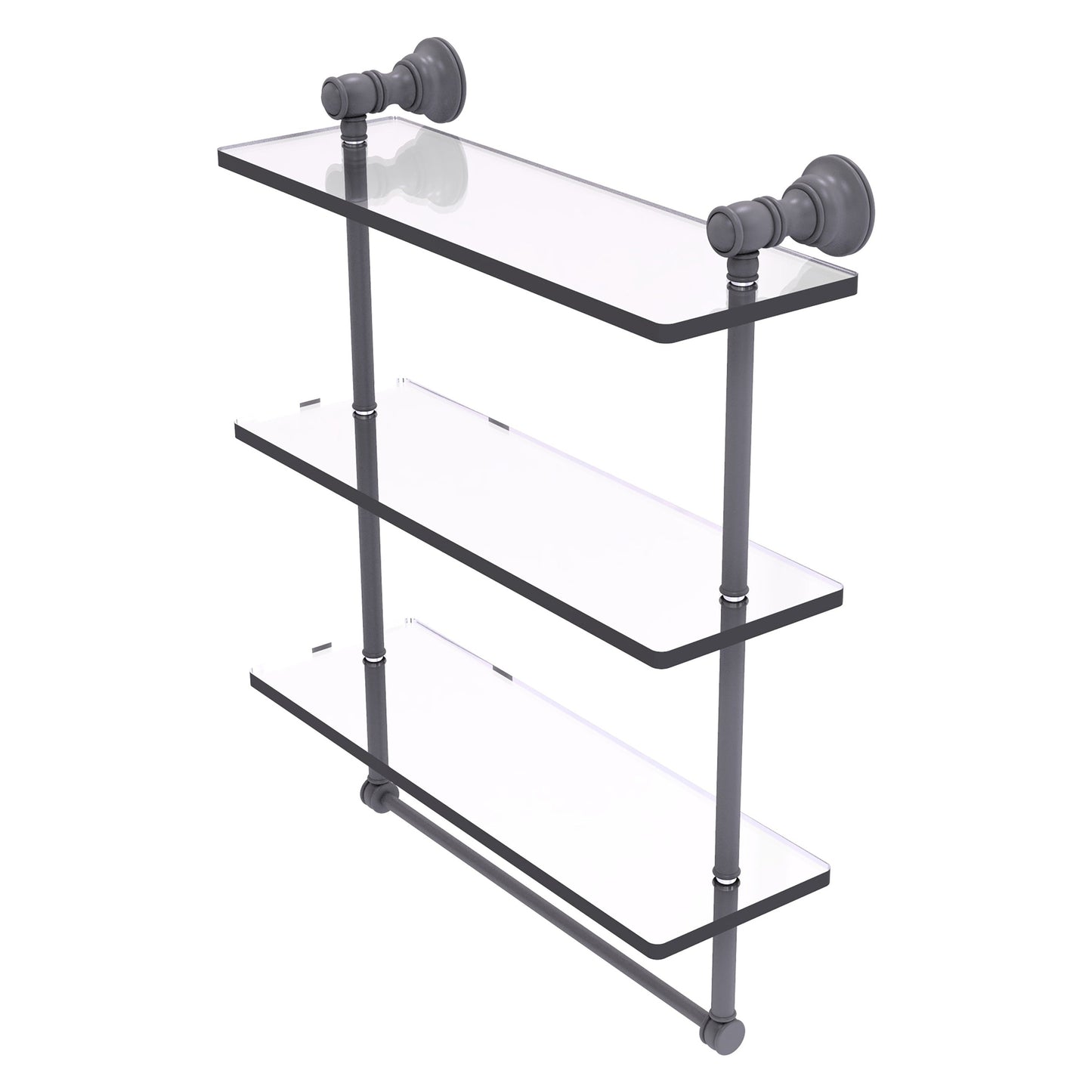 Allied Brass Carolina 16" x 5.54" Matte Gray Solid Brass Triple Glass Shelf With Towel Bar