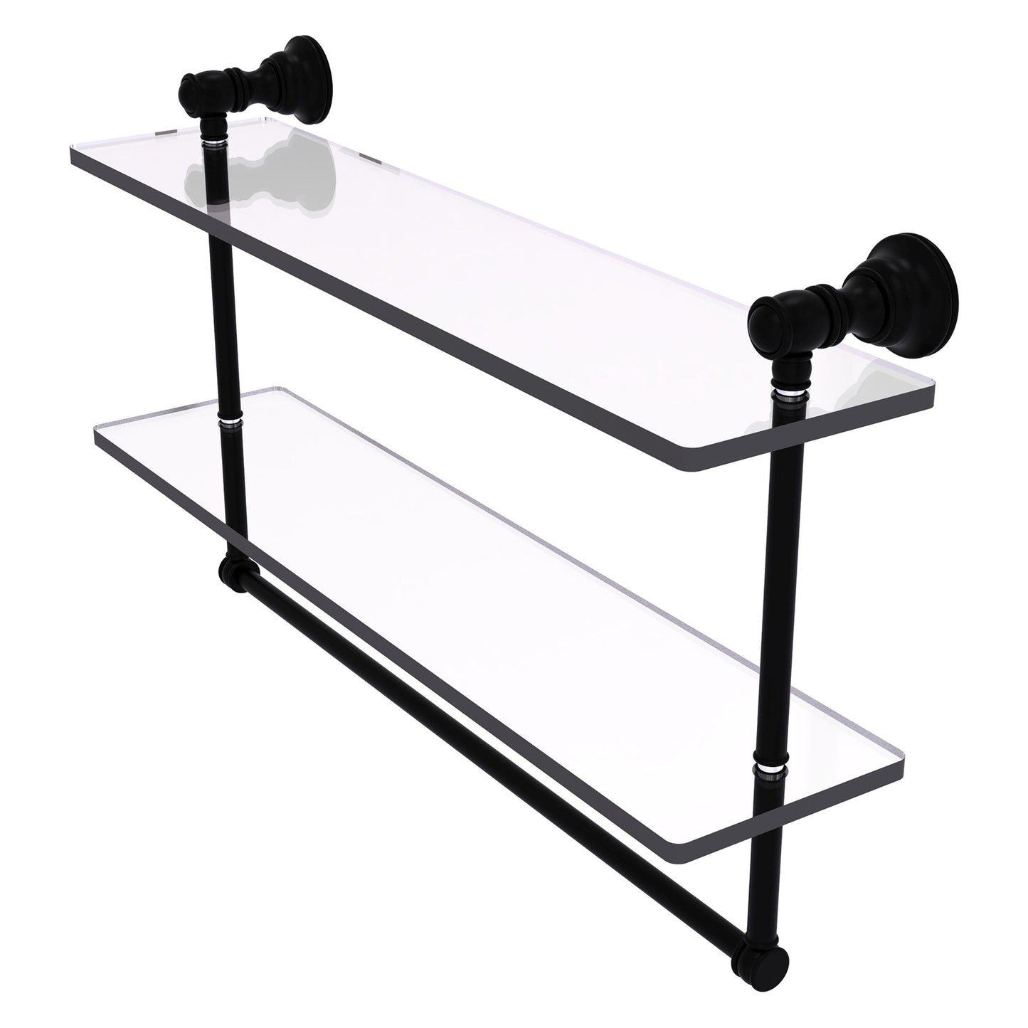 Allied Brass Carolina 22" x 5.54" Matte Black Solid Brass Double Glass Shelf With Towel Bar