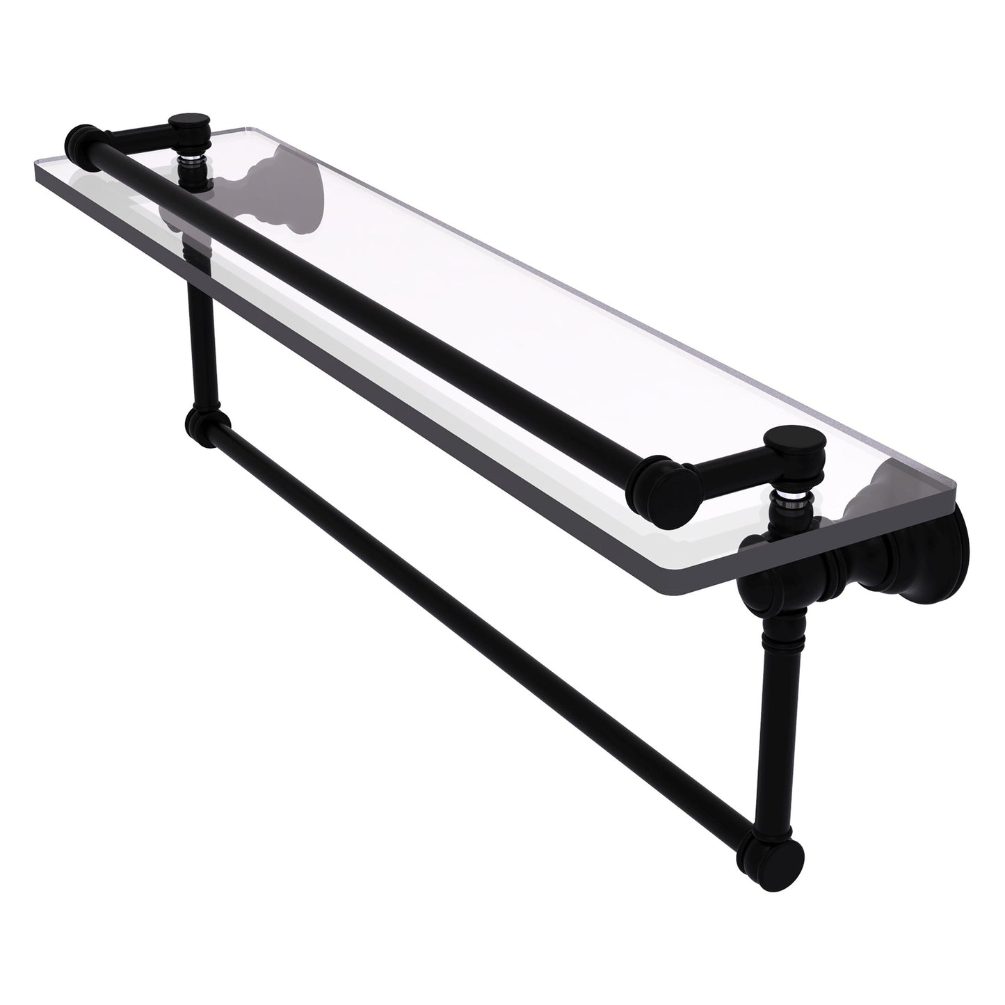 Allied Brass Carolina 22" x 5.54" Matte Black Solid Brass Gallery Glass Shelf With Integrated Towel Bar