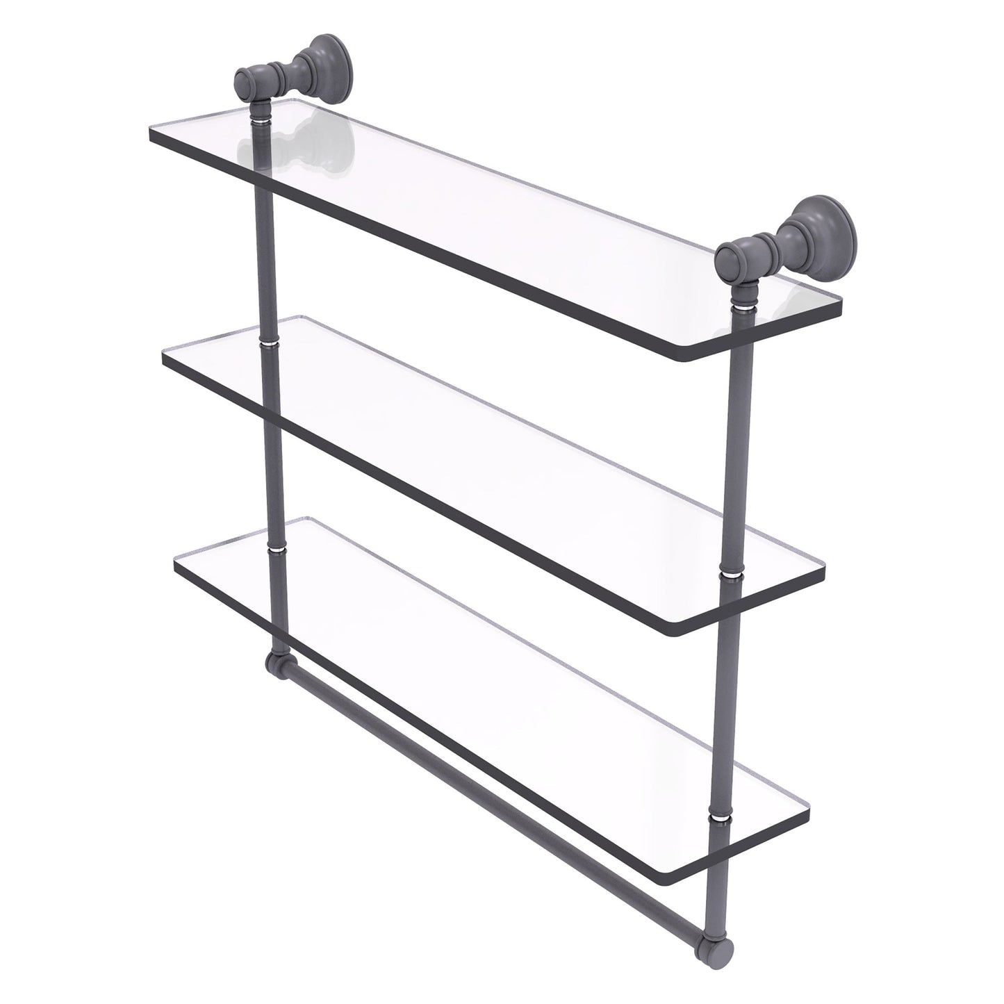 Allied Brass Carolina 22" x 5.54" Matte Gray Solid Brass Triple Glass Shelf With Towel Bar