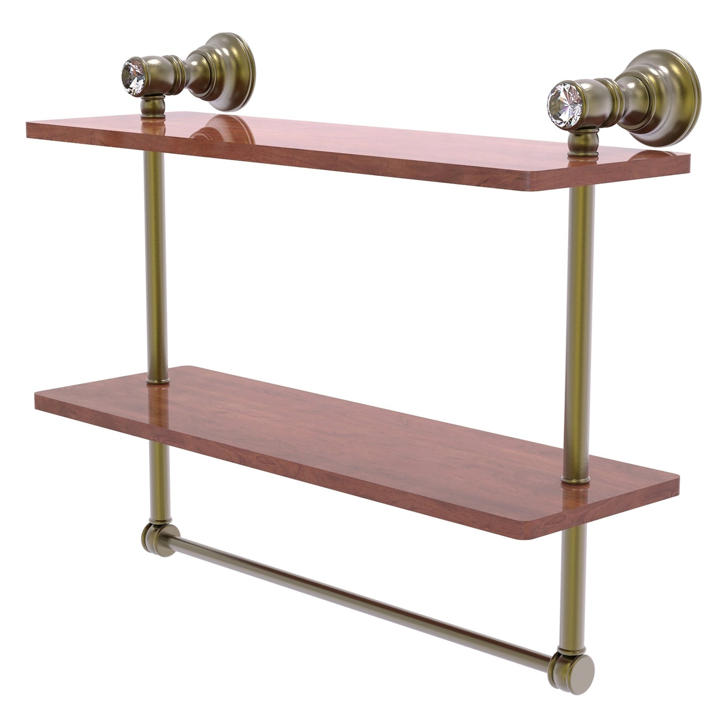 Allied Brass Carolina Crystal 16" x 5.54" Antique Brass Solid Brass Double Wood Shelf With Towel Bar