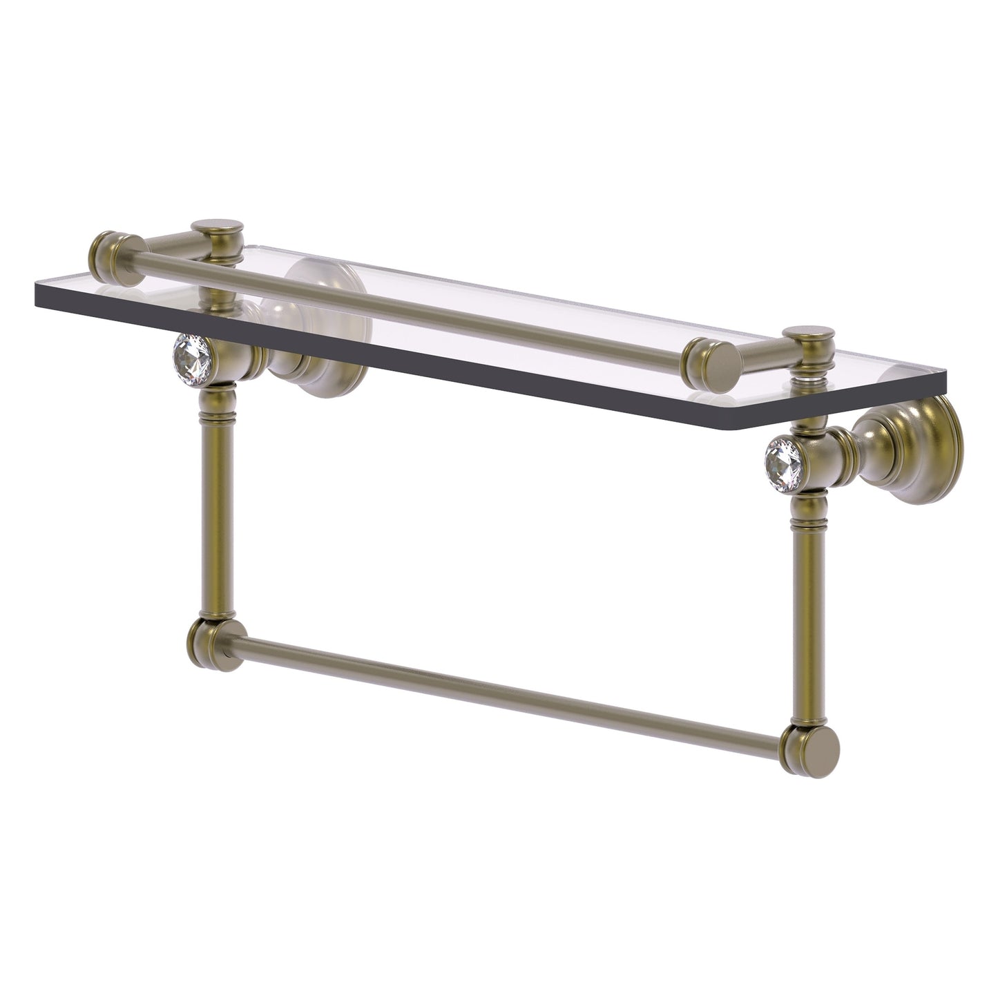 Allied Brass Carolina Crystal 16" x 5.54" Antique Brass Solid Brass Glass Shelf With Towel Bar