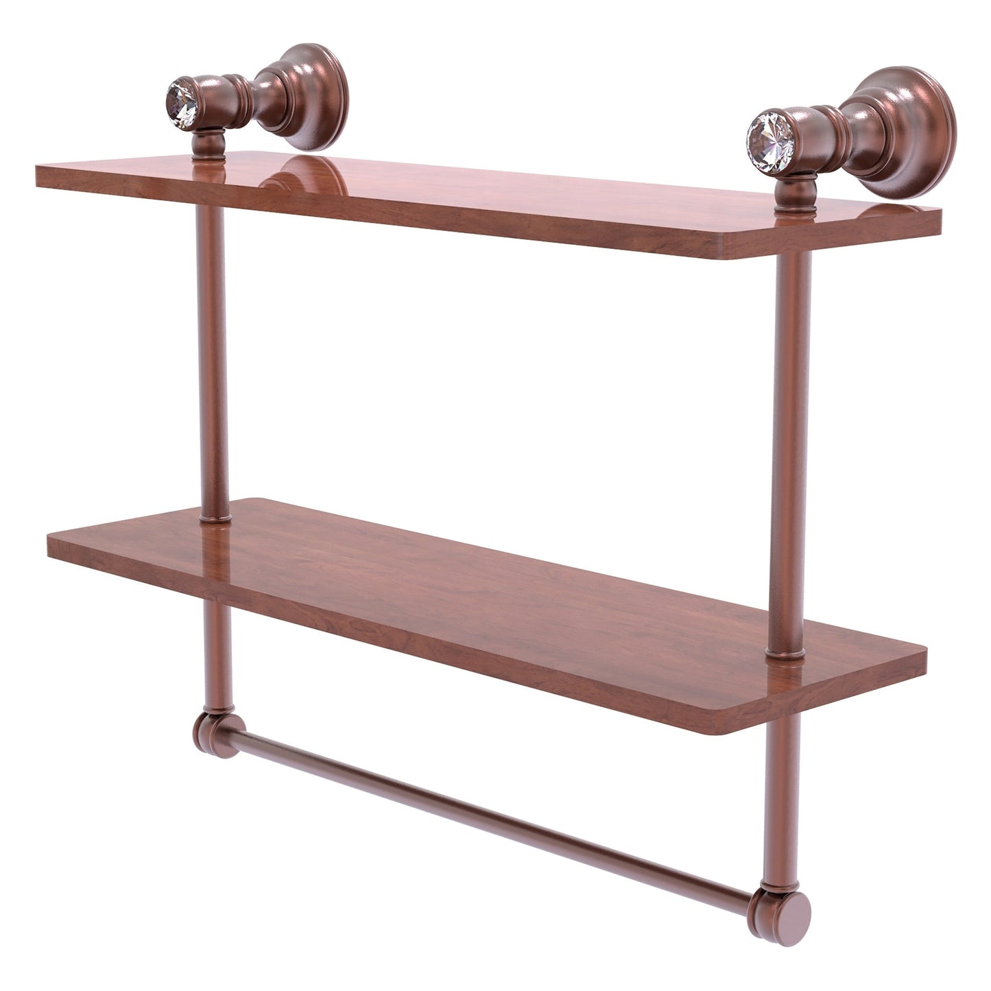 Allied Brass Carolina Crystal 16" x 5.54" Antique Copper Solid Brass Double Wood Shelf With Towel Bar
