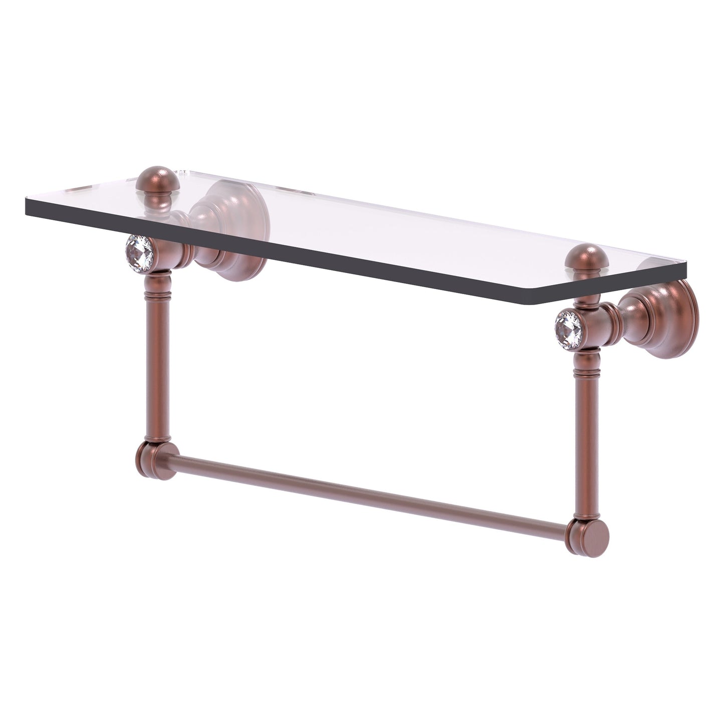 Allied Brass Carolina Crystal 16" x 5.54" Antique Copper Solid Brass Glass Shelf With Integrated Towel Bar