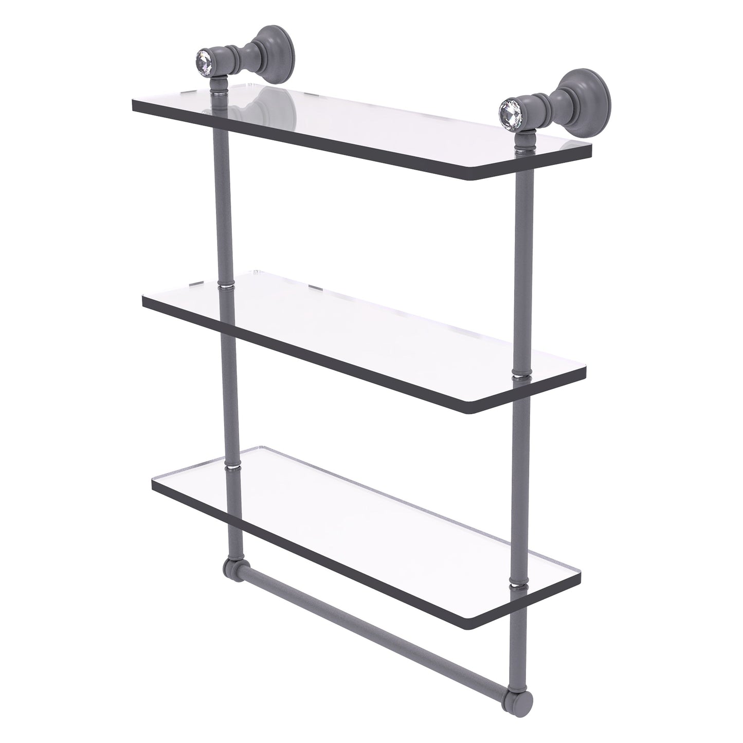 Allied Brass Carolina Crystal 16" x 5.54" Matte Gray Solid Brass Triple Glass Shelf With Towel Bar