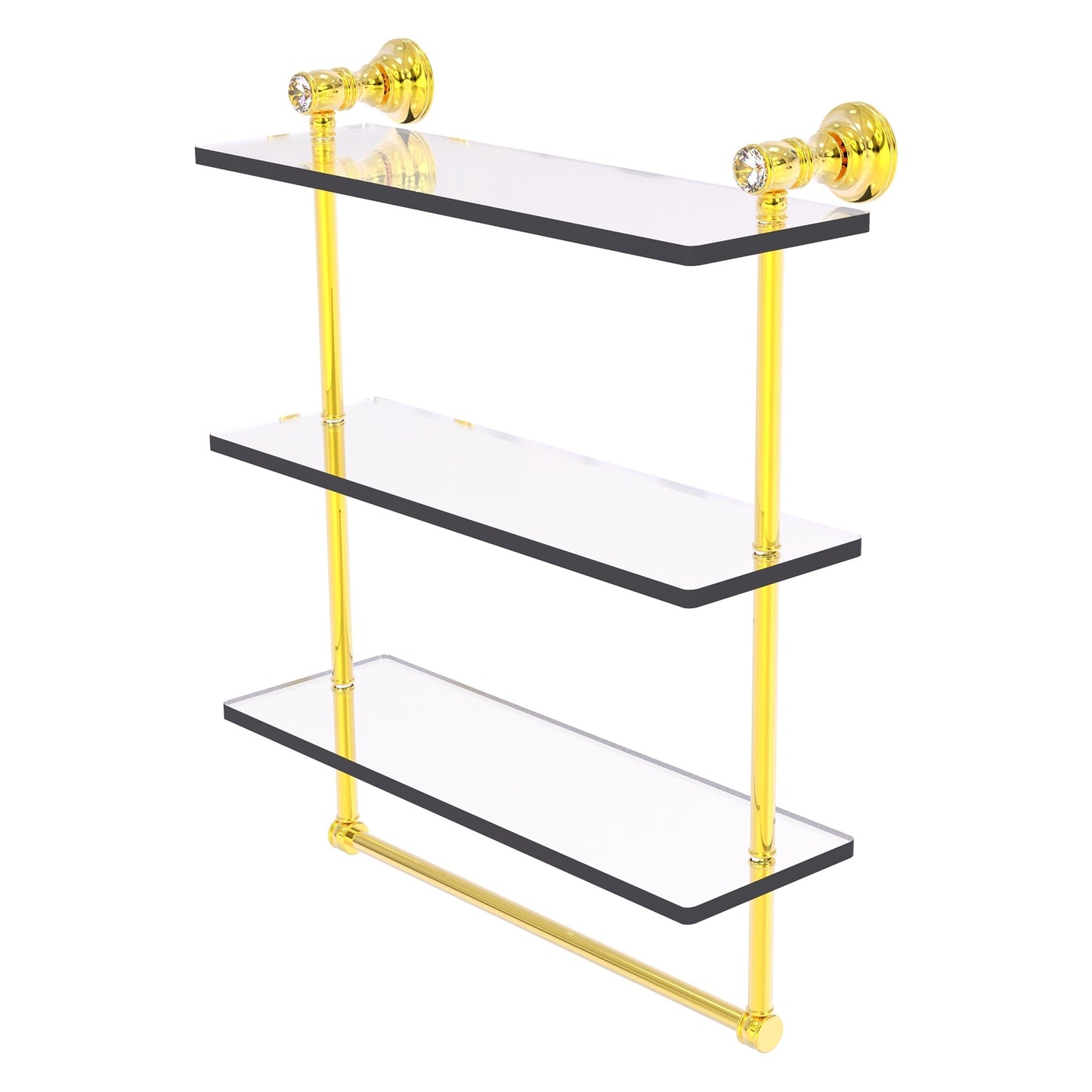 Allied Brass Carolina Crystal 16" x 5.54" Polished Brass Solid Brass Triple Glass Shelf With Towel Bar
