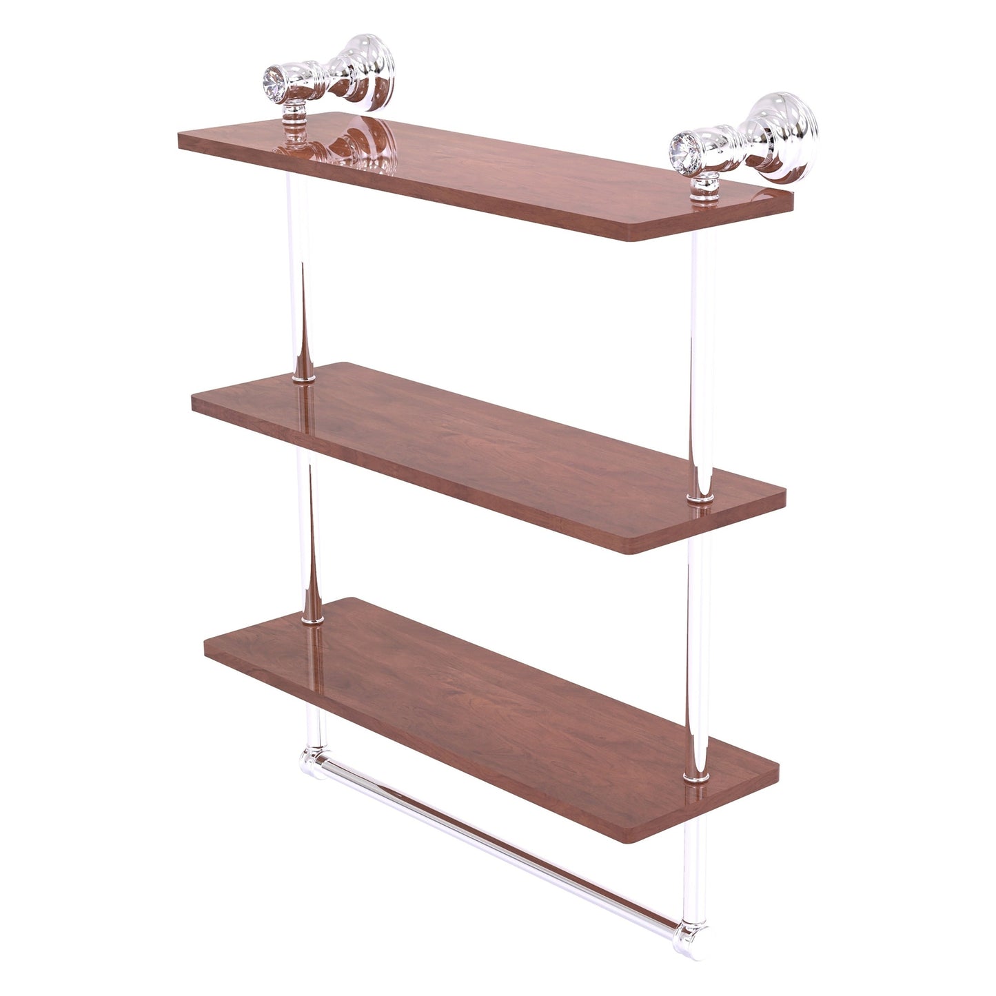 Allied Brass Carolina Crystal 16" x 5.54" Polished Chrome Solid Brass Triple Wood Shelf With Towel Bar