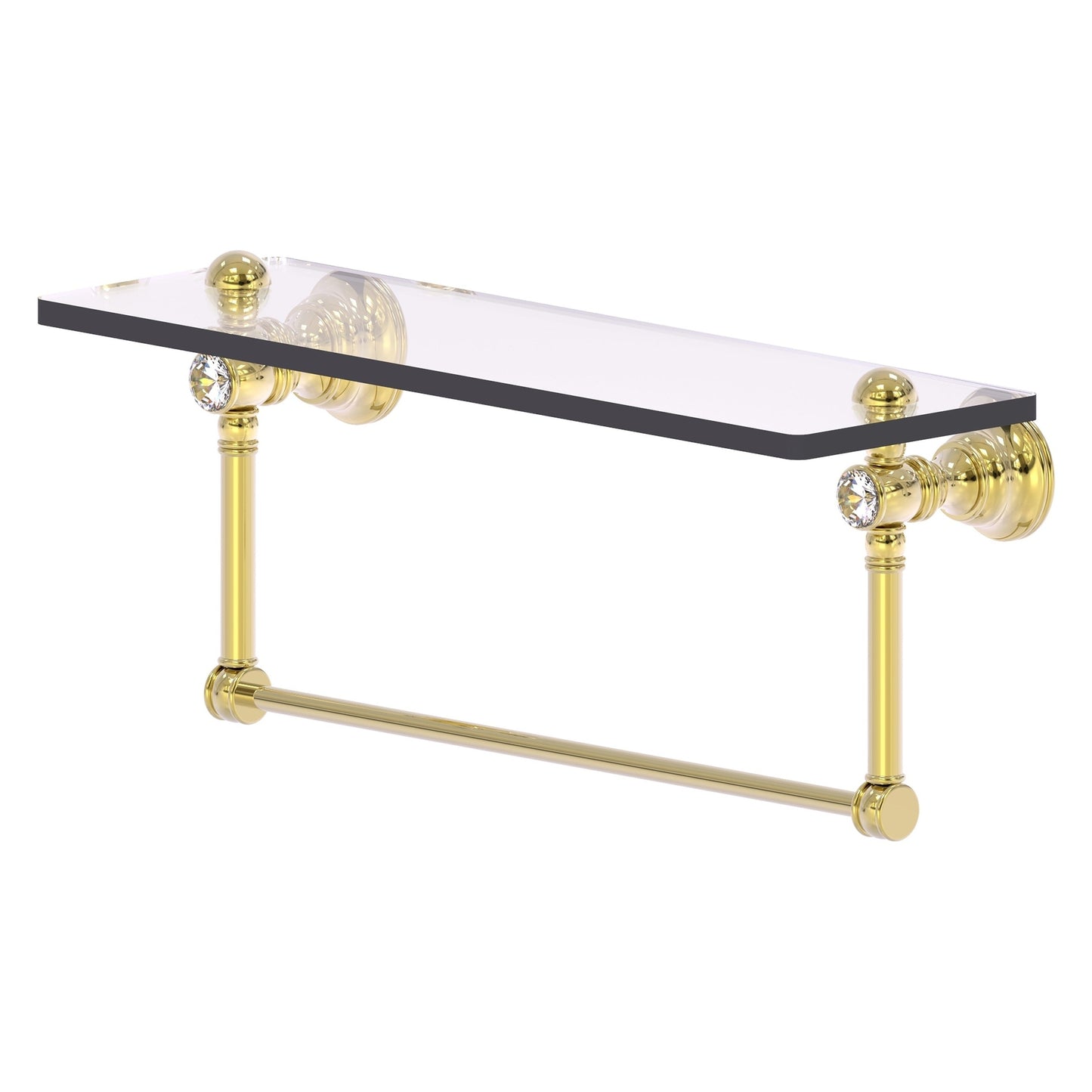 Allied Brass Carolina Crystal 16" x 5.54" Unlacquered Brass Solid Brass Glass Shelf With Integrated Towel Bar