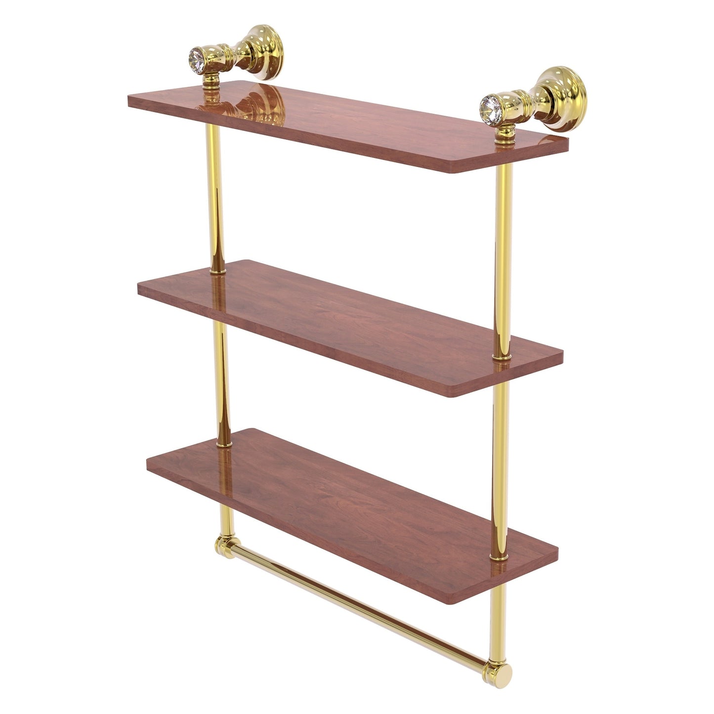 Allied Brass Carolina Crystal 16" x 5.54" Unlacquered Brass Solid Brass Triple Wood Shelf With Towel Bar