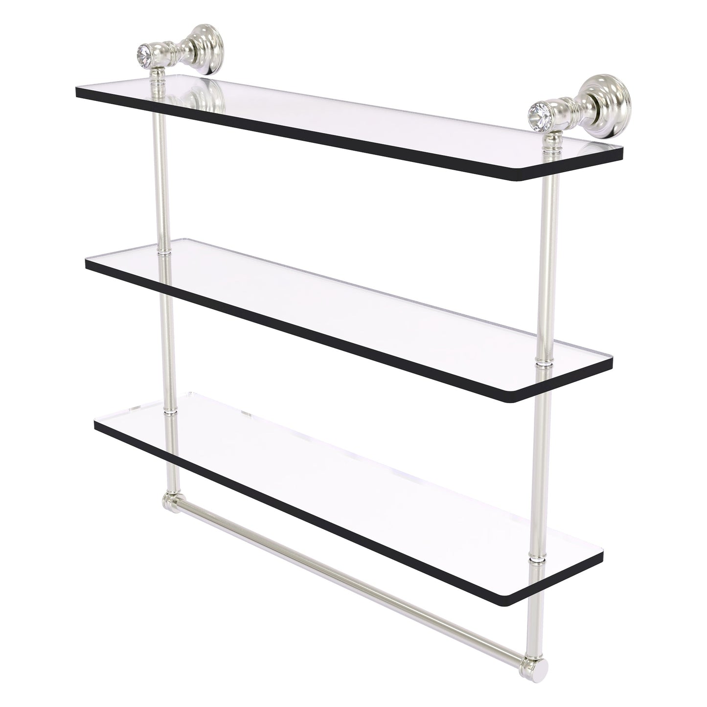 Allied Brass Carolina Crystal 22" x 5.54" Satin Nickel Solid Brass Triple Glass Shelf With Towel Bar