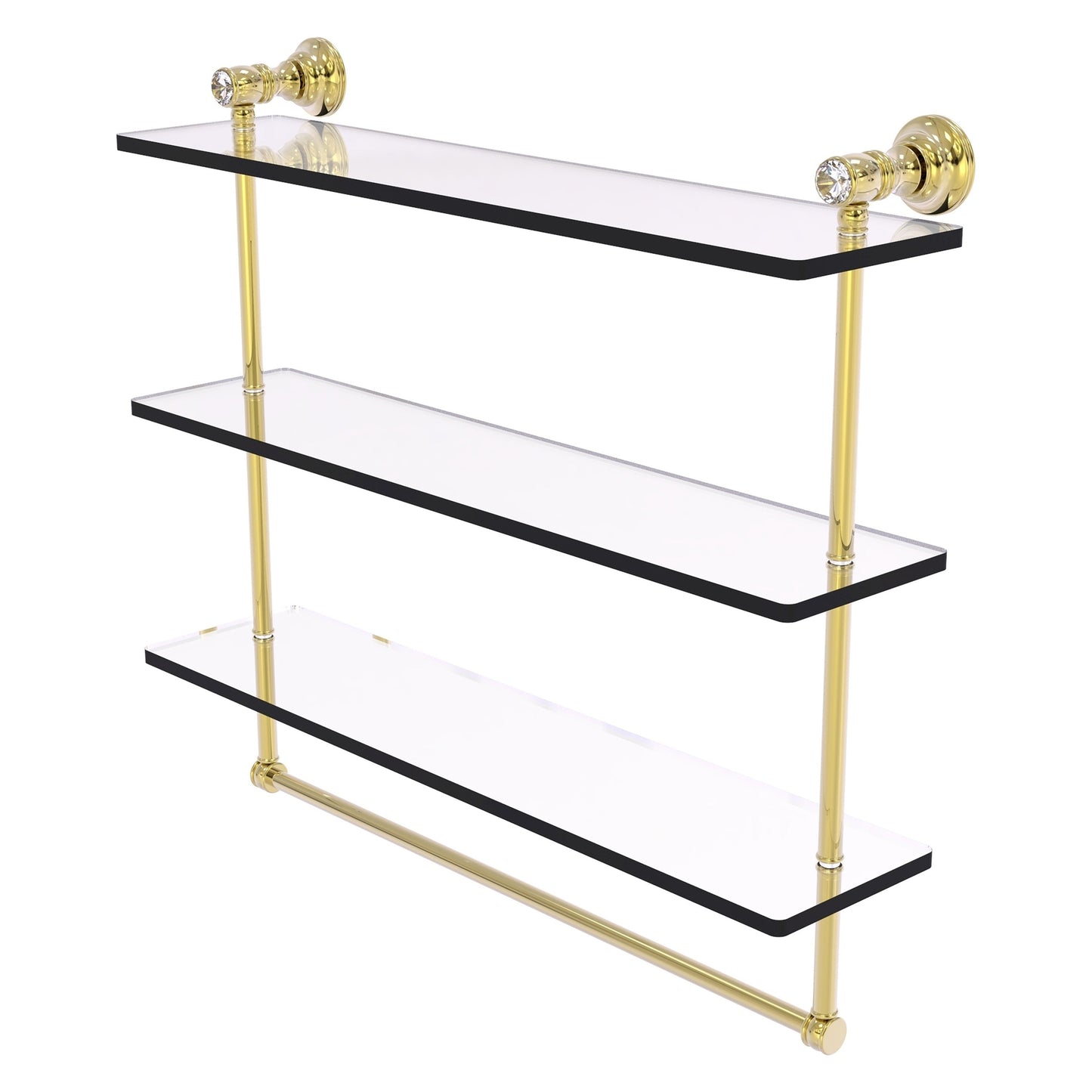 Allied Brass Carolina Crystal 22" x 5.54" Unlacquered Brass Solid Brass Triple Glass Shelf With Towel Bar