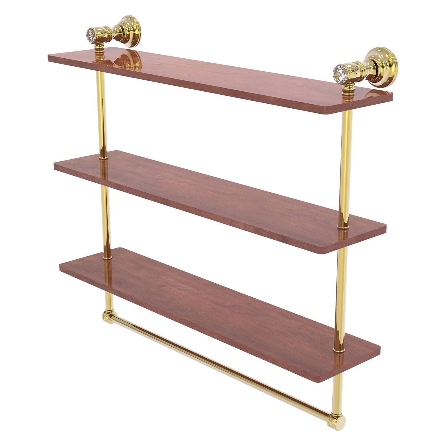 Allied Brass Carolina Crystal 22" x 5.54" Unlacquered Brass Solid Brass Triple Wood Shelf With Towel Bar