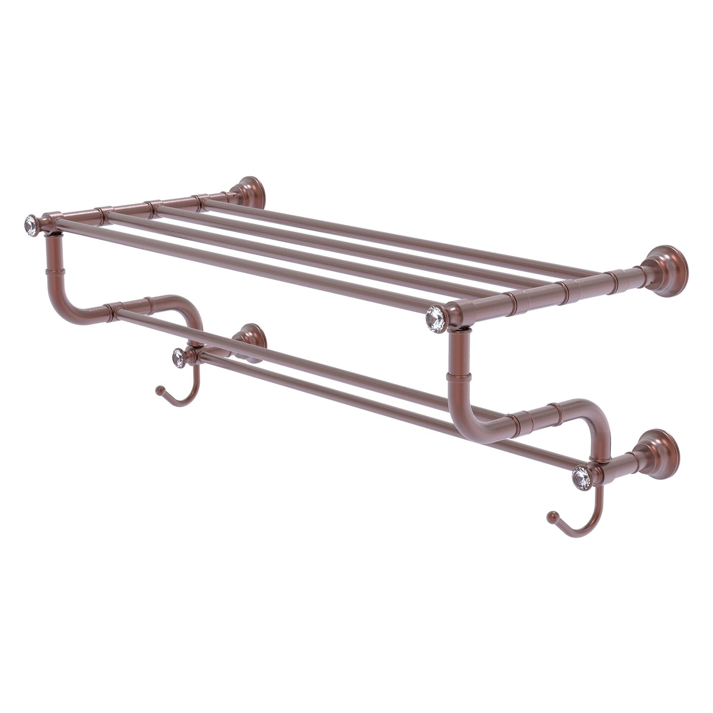 Allied Brass Carolina Crystal 26" x 12.5" Antique Copper Solid Brass Towel Shelf With Double Towel Bar