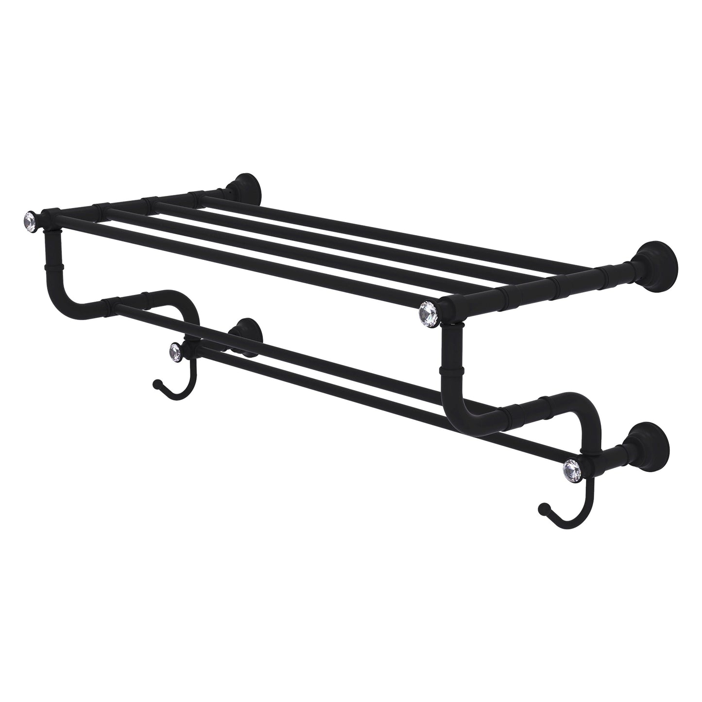 Allied Brass Carolina Crystal 26" x 12.5" Matte Black Solid Brass Towel Shelf With Double Towel Bar