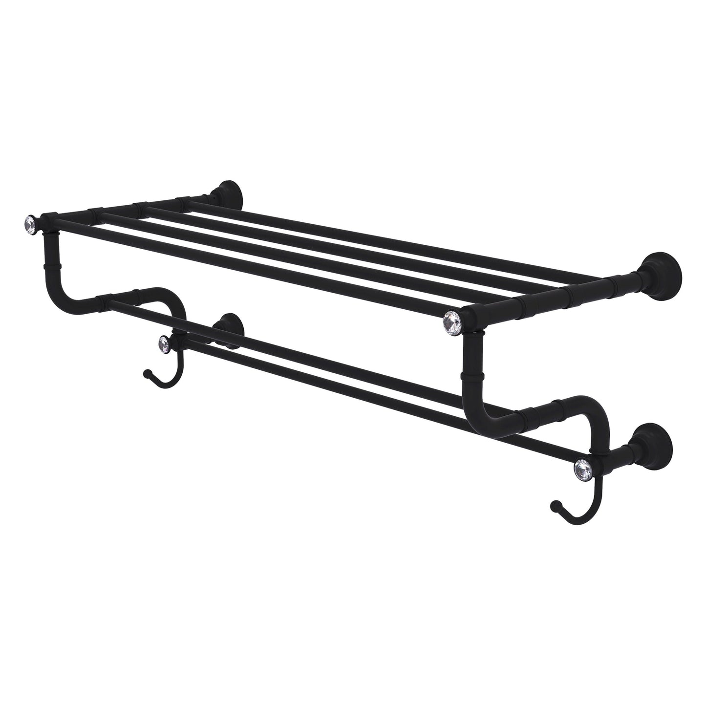 Allied Brass Carolina Crystal 32" x 12.5" Matte Black Solid Brass Towel Shelf With Double Towel Bar