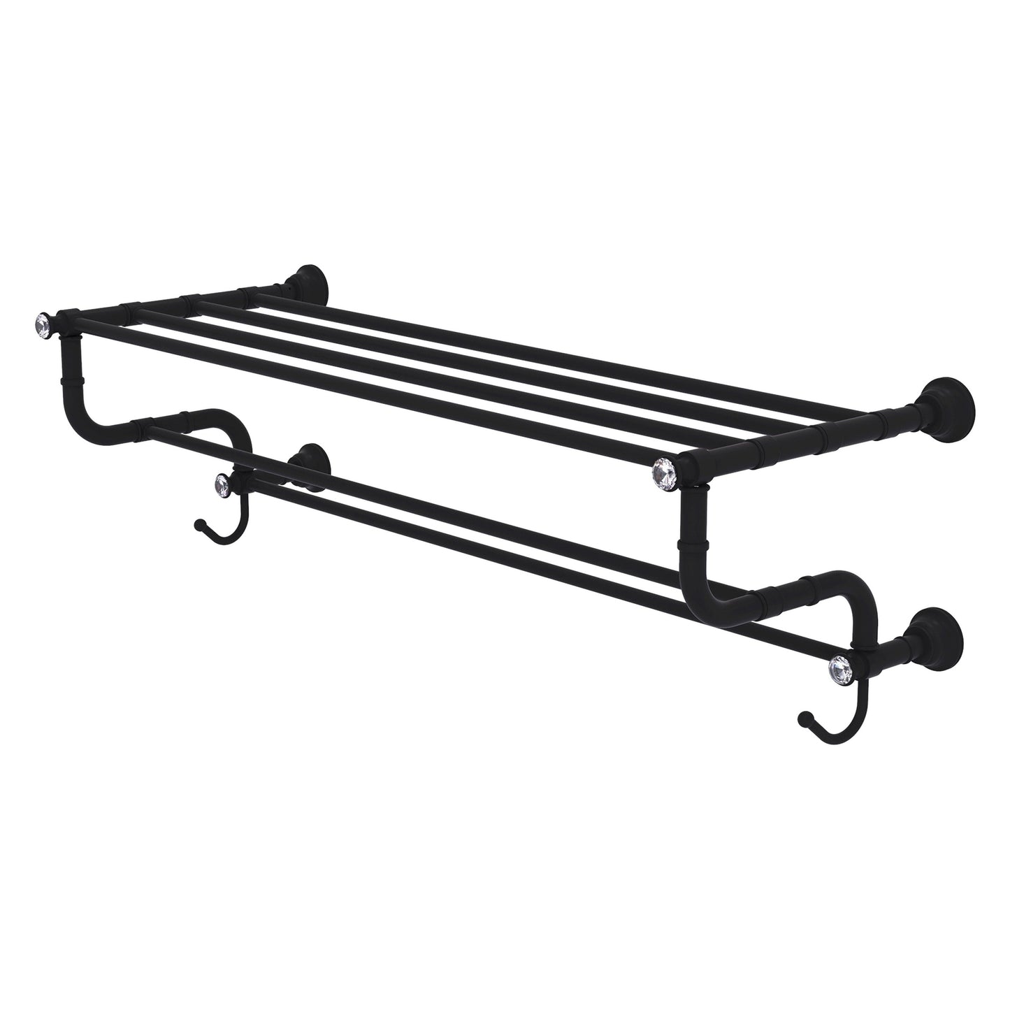 Allied Brass Carolina Crystal 38" x 12.5" Matte Black Solid Brass Towel Shelf With Double Towel Bar