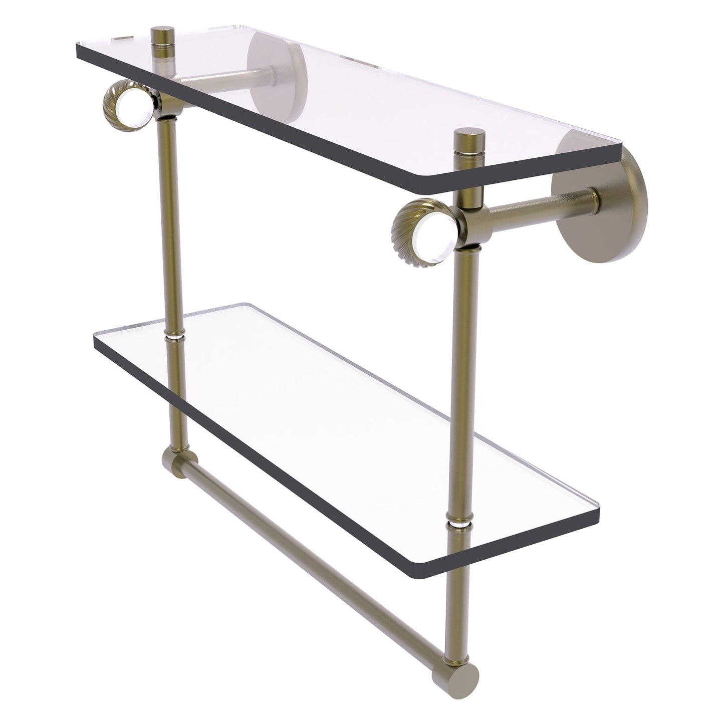 Allied Brass Clearview 16" x 5.6" Antique Brass Solid Brass Double Glass Shelf With Towel Bar and Twisted Accents