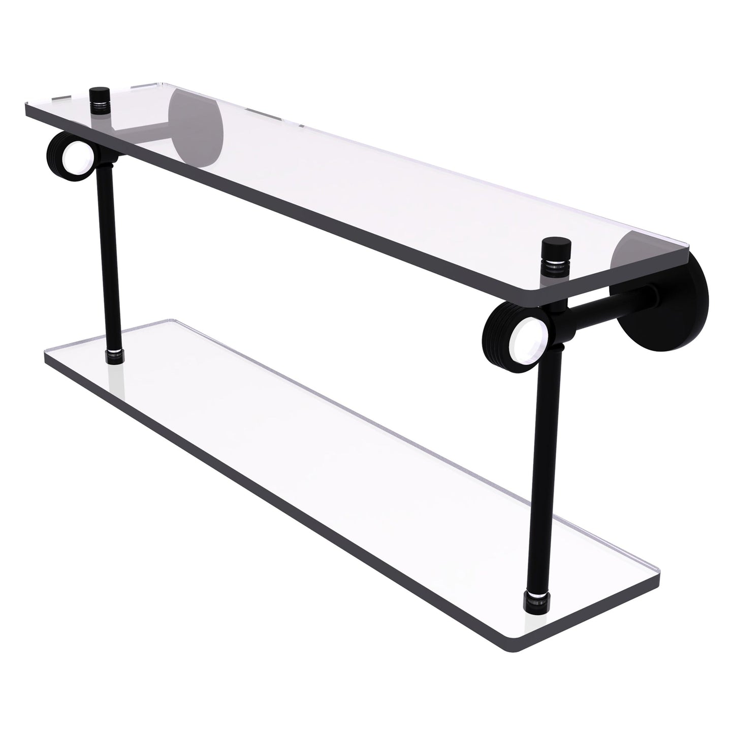 Allied Brass Clearview 16" x 5.6" Matte Black Solid Brass Two-Tiered Glass Shelf With Grooved Accents