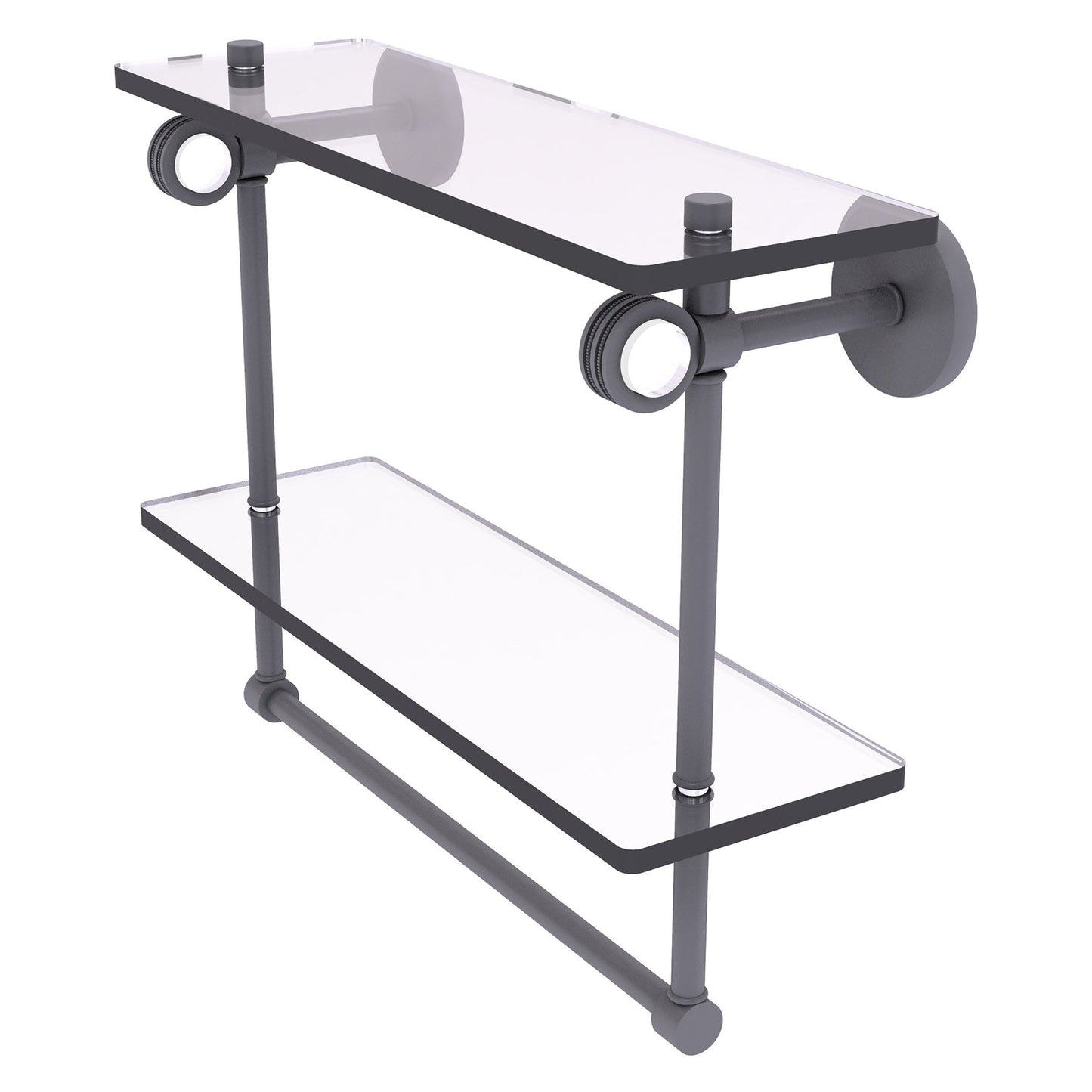 Allied Brass Clearview 16" x 5.6" Matte Gray Solid Brass Double Glass Shelf With Towel Bar and Dotted Accents