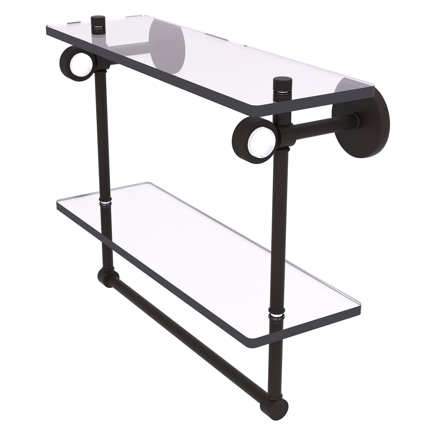 Allied Brass Clearview 16" x 5.6" Oil Rubbed Bronze Solid Brass Double Glass Shelf With Towel Bar and Grooved Accents