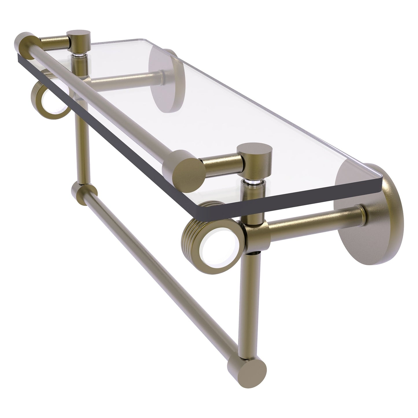 Allied Brass Clearview 16" x 5.8" Antique Brass Solid Brass Glass Gallery Shelf With Towel Bar and Grooved Accents