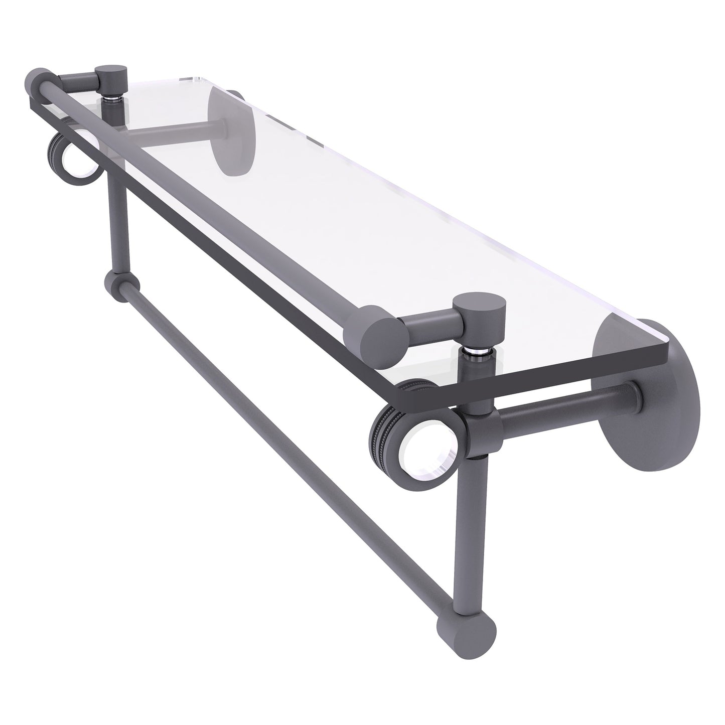 Allied Brass Clearview 22" x 5.8" Matte Gray Solid Brass Glass Gallery Shelf With Towel Bar and Dotted Accents