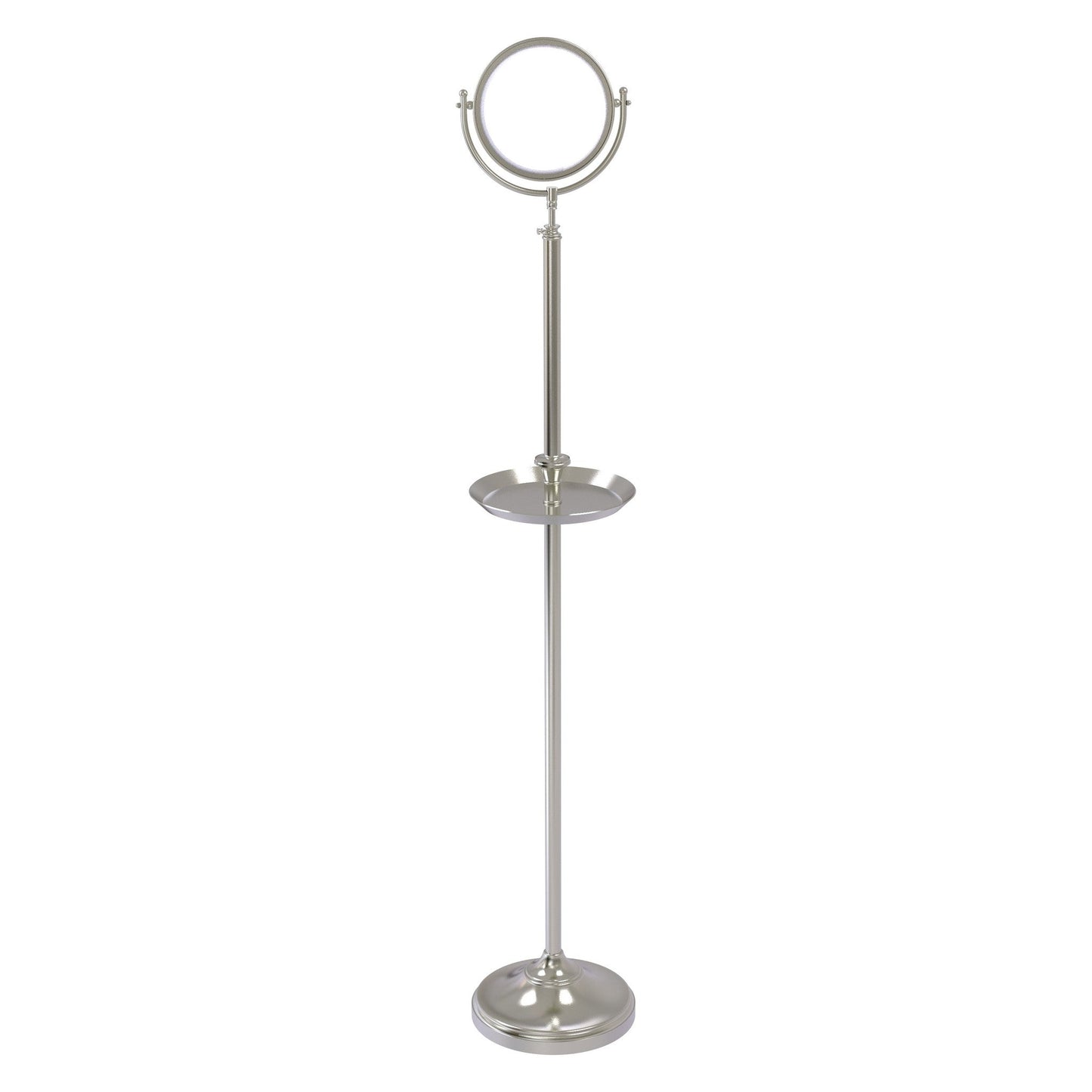 Allied Brass DMF-3/2X 10.5" x 10.5" Satin Nickel Solid Brass Floor Standing Make-Up Mirror With 2X Magnification and Shaving Tray