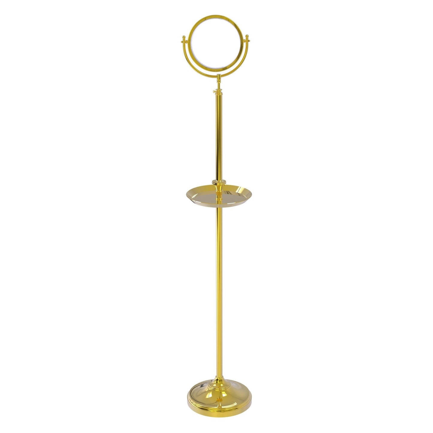 Allied Brass DMF-3/4X 10.5" x 10.5" Polished Brass Solid Brass Floor Standing Make-Up Mirror With 4X Magnification and Shaving Tray