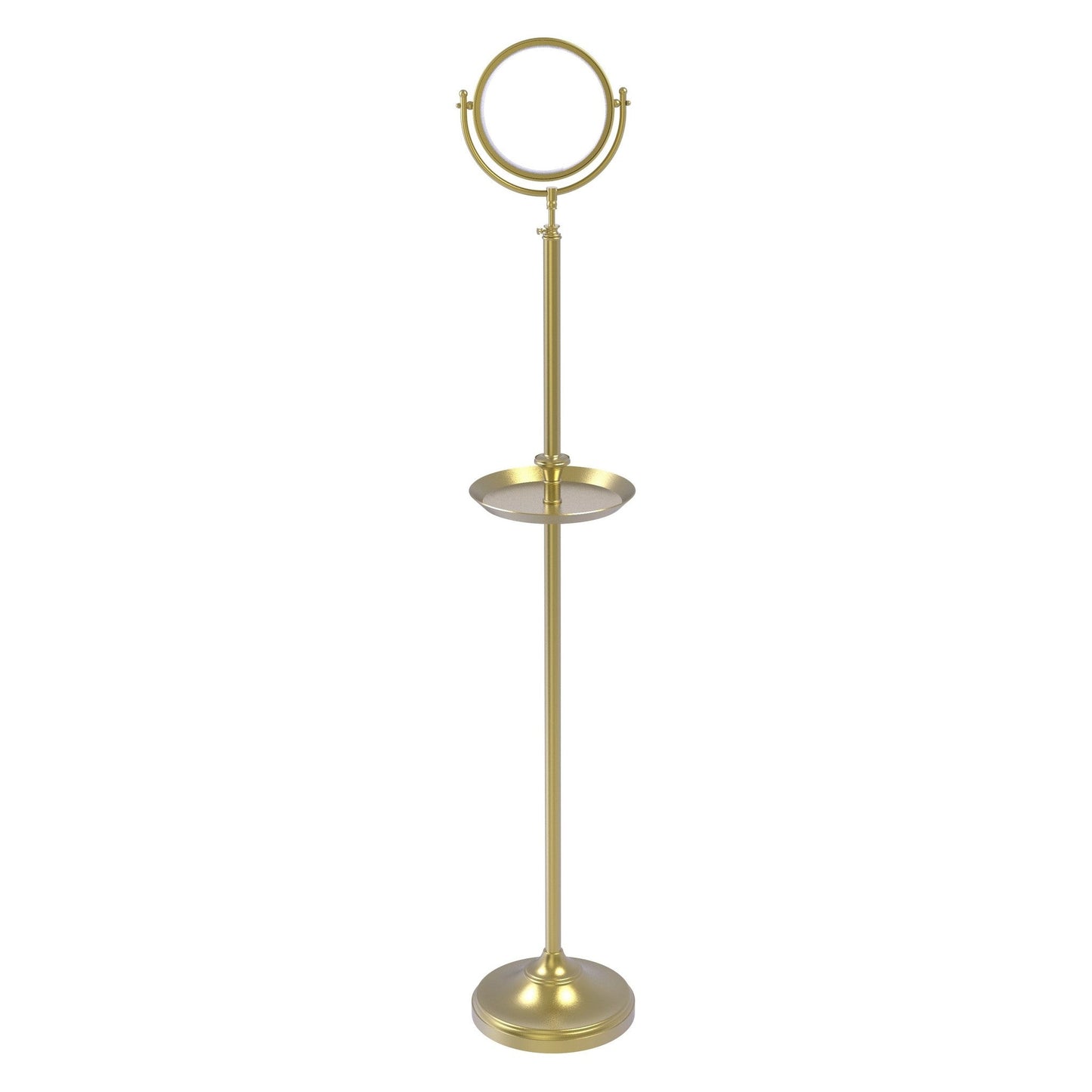 Allied Brass DMF-3/4X 10.5" x 10.5" Satin Brass Solid Brass Floor Standing Make-Up Mirror With 4X Magnification and Shaving Tray