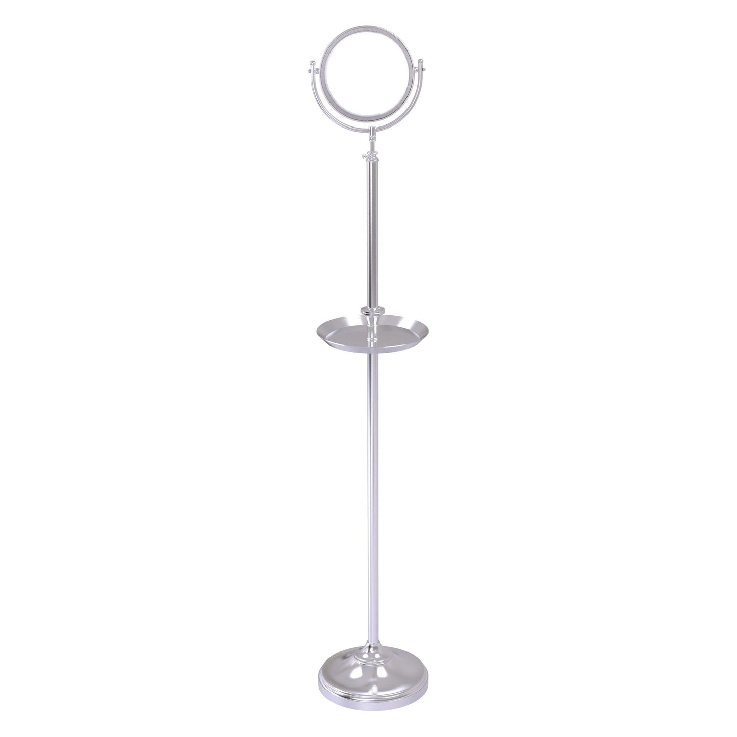 Allied Brass DMF-3/5X 10.5" x 10.5" Satin Chrome Solid Brass Floor Standing Make-Up Mirror With 5X Magnification and Shaving Tray