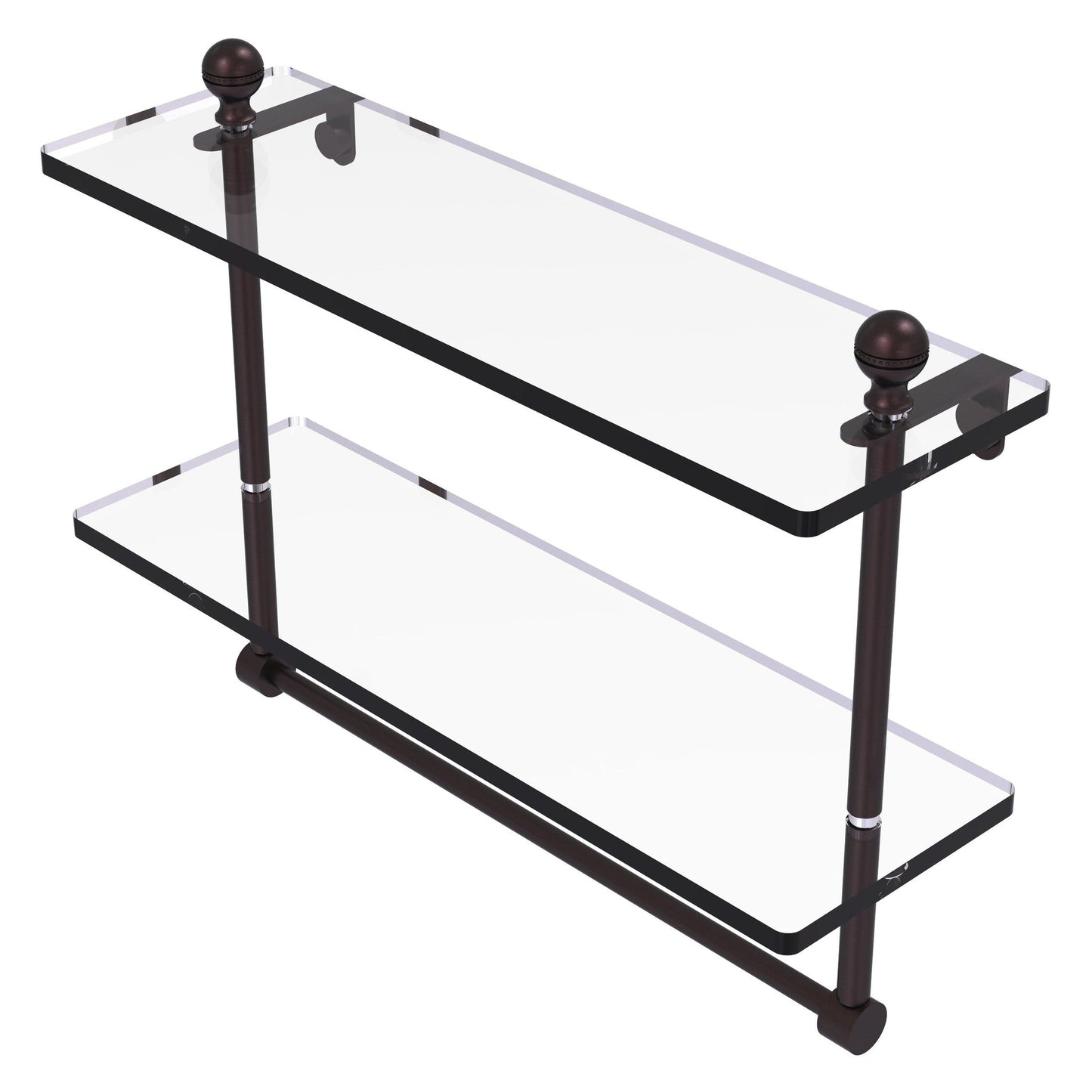 Allied Brass Mambo 16" x 5" Antique Bronze Solid Brass Two-Tiered Glass Shelf With Integrated Towel Bar
