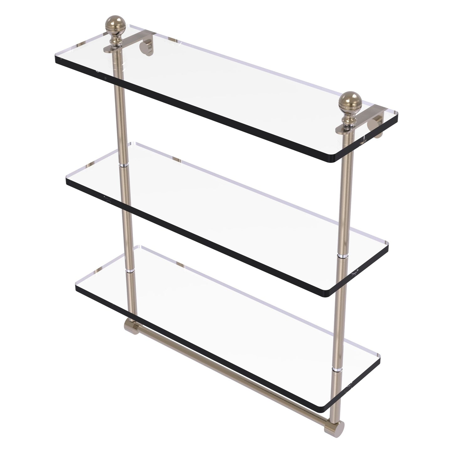 Allied Brass Mambo 16" x 5" Antique Pewter Solid Brass Triple Tiered Glass Shelf With Integrated Towel Bar
