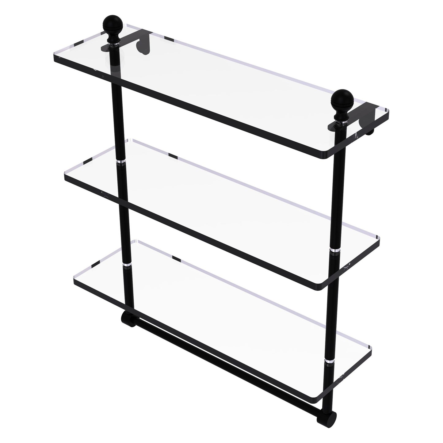 Allied Brass Mambo 16" x 5" Matte Black Solid Brass Triple Tiered Glass Shelf With Integrated Towel Bar