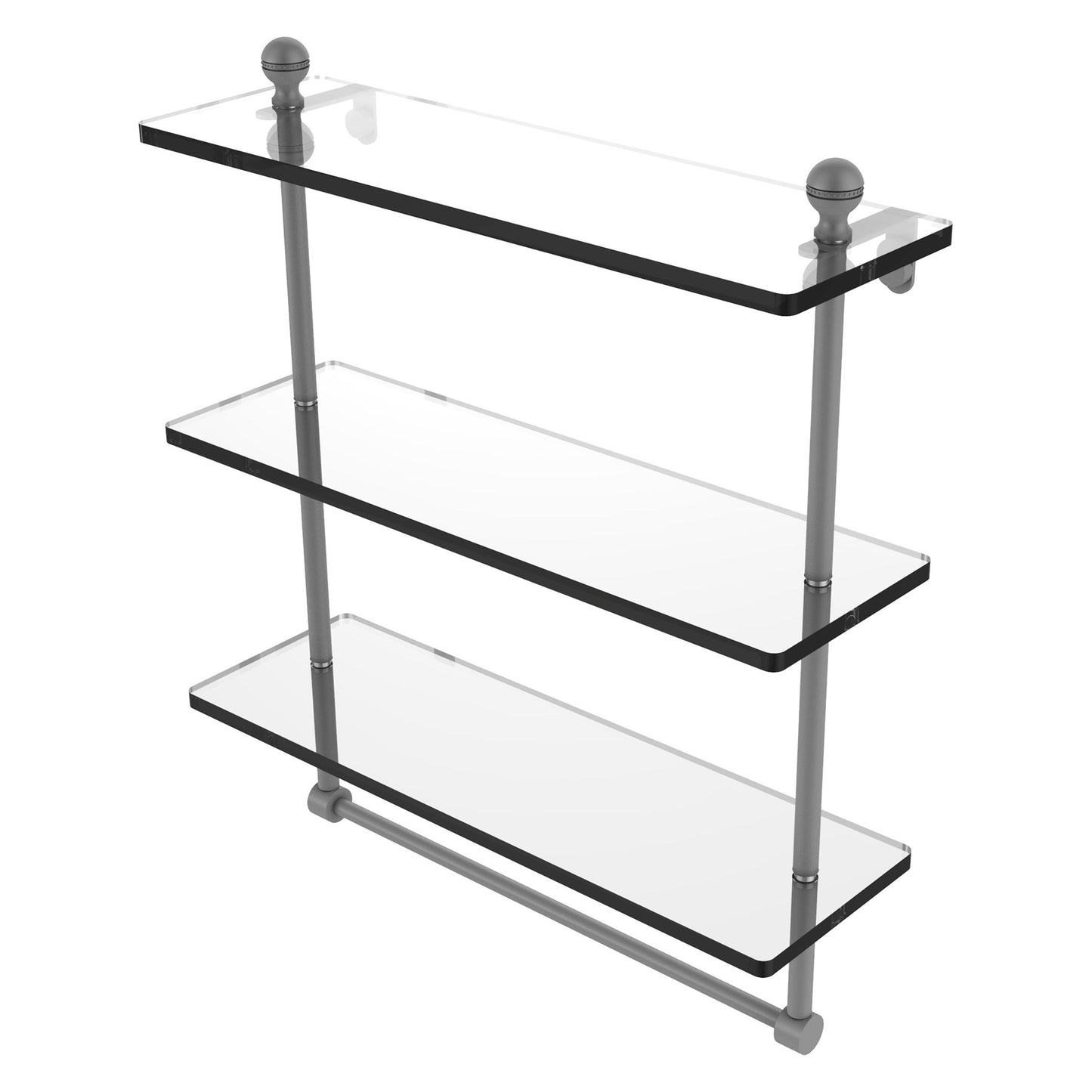 Allied Brass Mambo 16" x 5" Matte Gray Solid Brass Triple Tiered Glass Shelf With Integrated Towel Bar