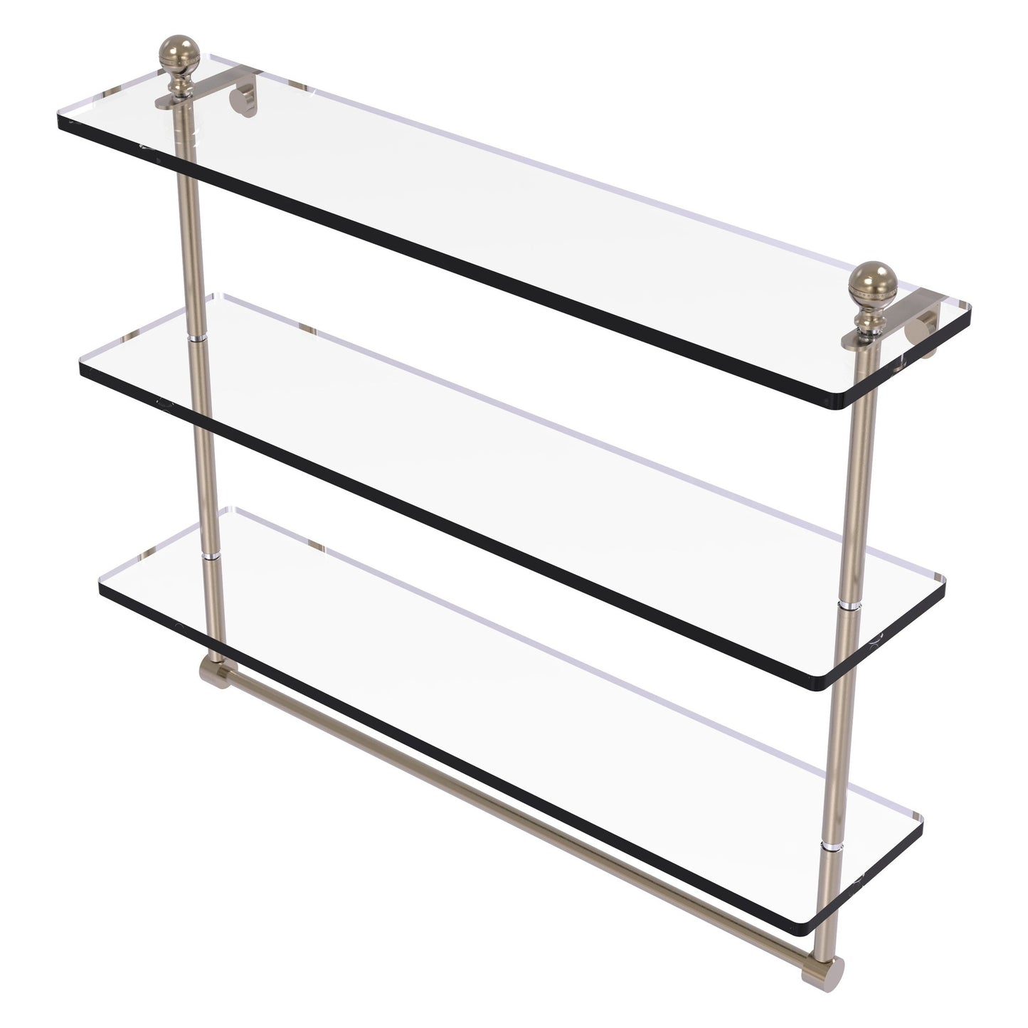 Allied Brass Mambo 22" x 5" Antique Pewter Solid Brass Triple Tiered Glass Shelf With Integrated Towel Bar