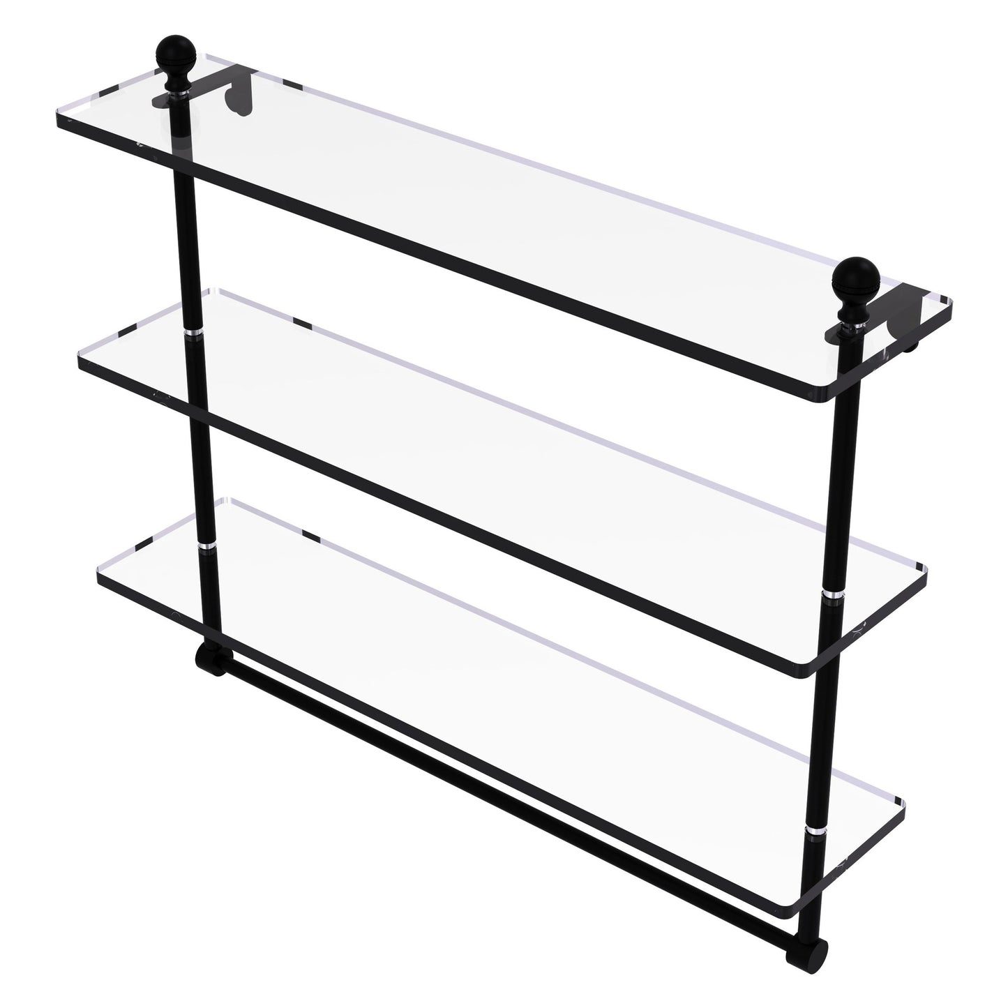 Allied Brass Mambo 22" x 5" Matte Black Solid Brass Triple Tiered Glass Shelf With Integrated Towel Bar