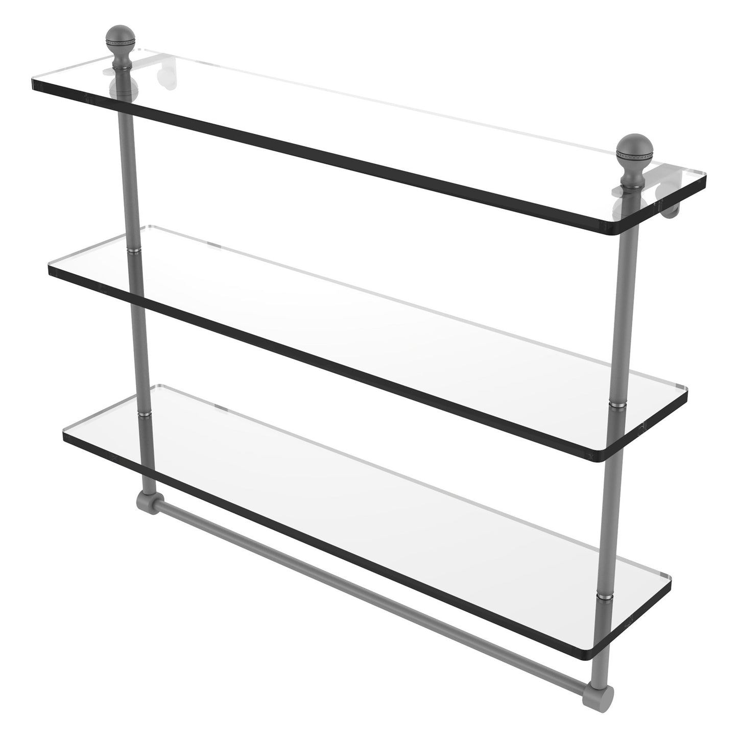 Allied Brass Mambo 22" x 5" Matte Gray Solid Brass Triple Tiered Glass Shelf With Integrated Towel Bar