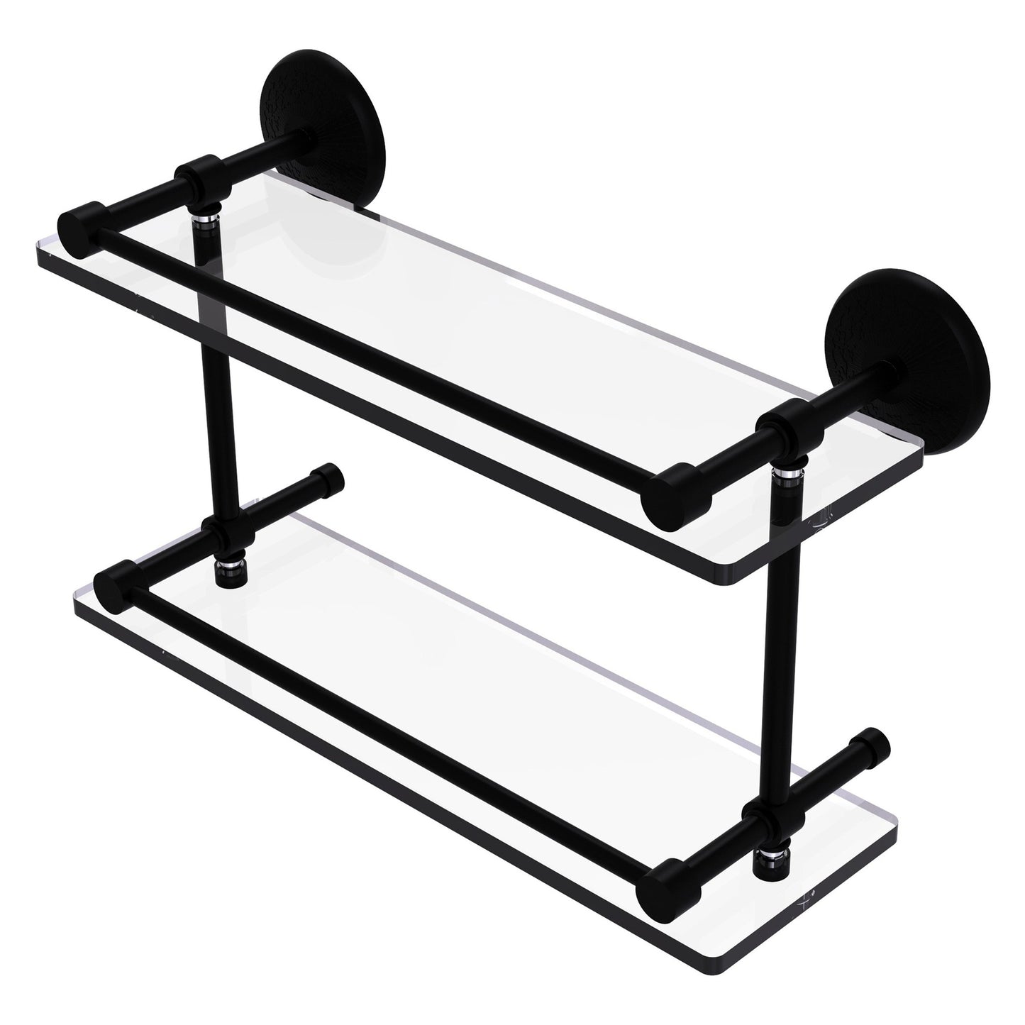 Allied Brass Monte Carlo 16" x 5" Matte Black Solid Brass Double Glass Shelf With Gallery Rail