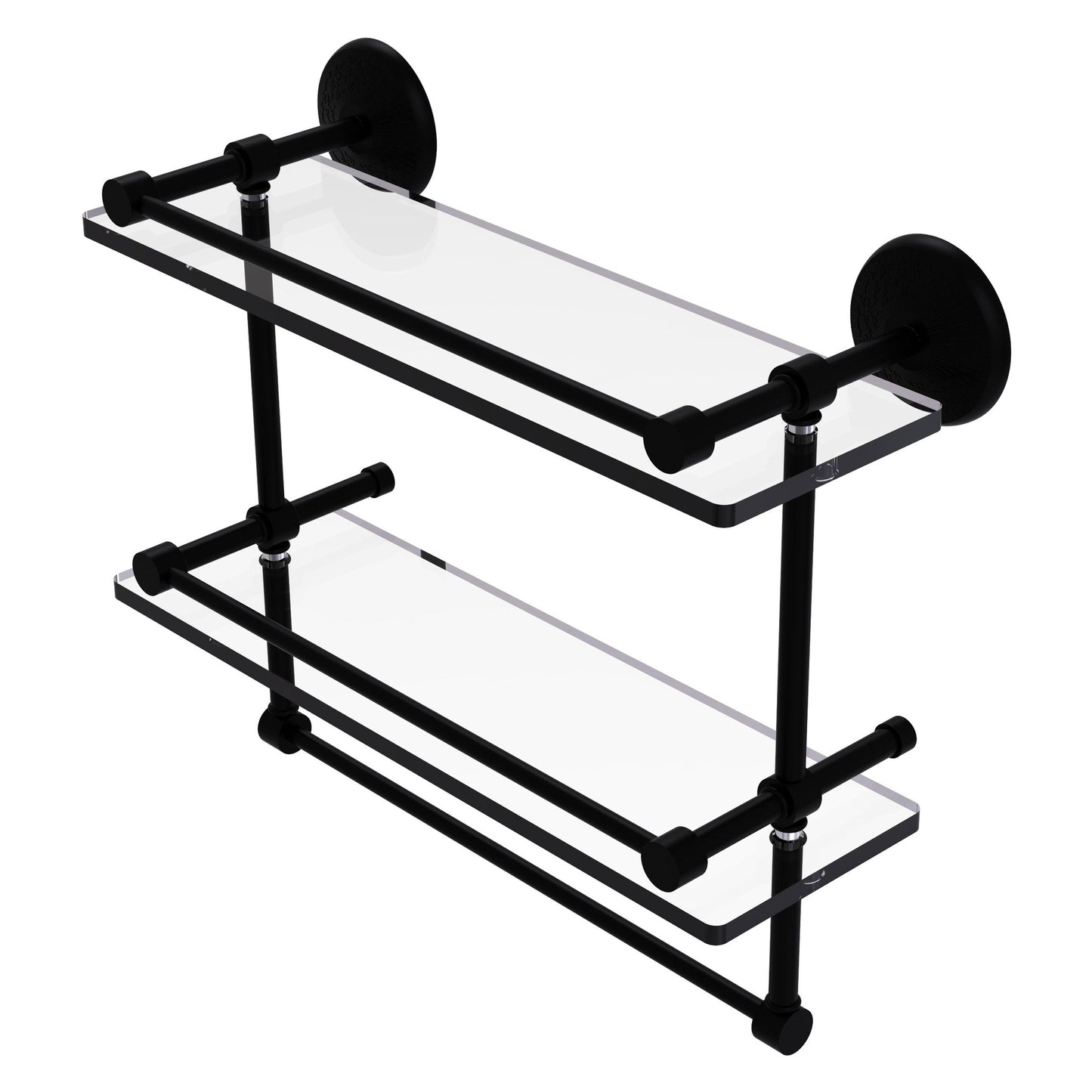 Allied Brass Monte Carlo 16" x 5" Matte Black Solid Brass Double Glass Shelf With Towel Bar