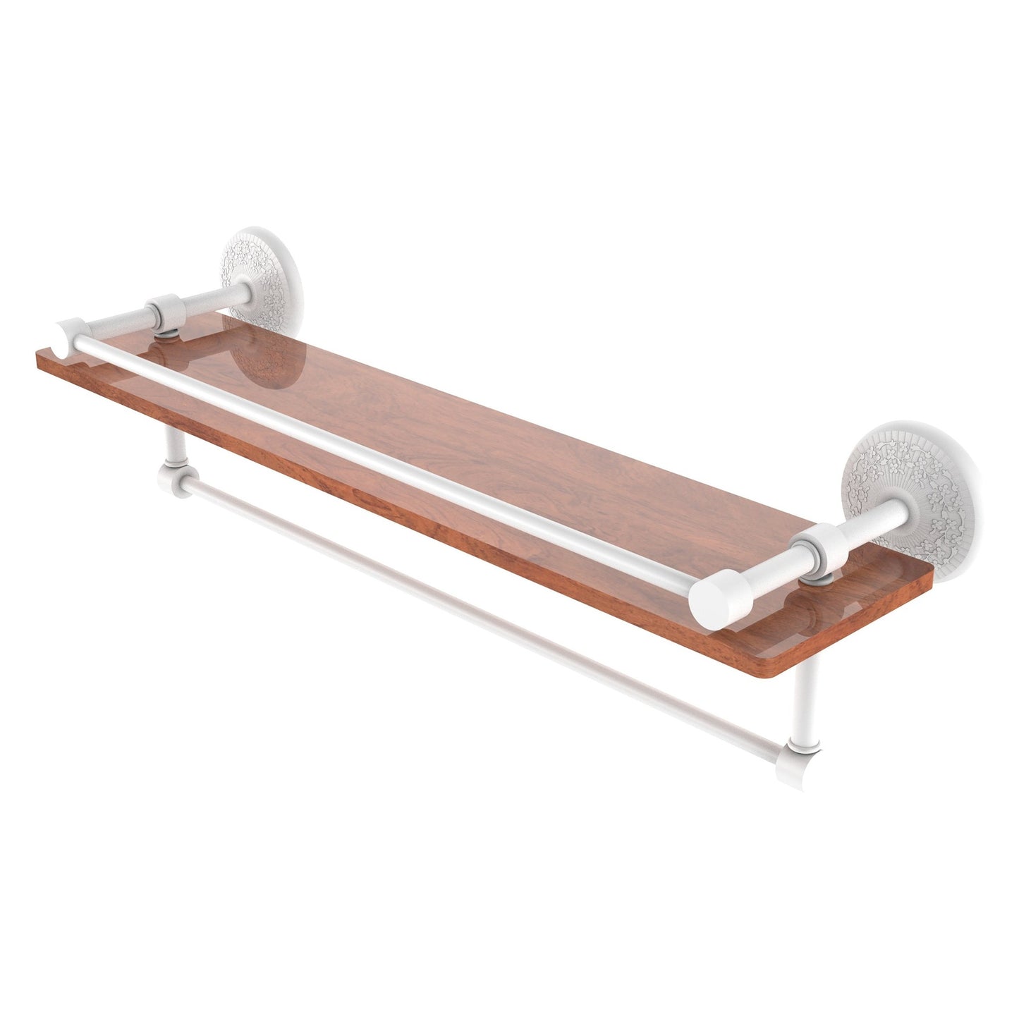 Allied Brass Monte Carlo 22" x 5" Matte White Solid Brass IPE Ironwood Shelf With Gallery Rail and Towel Bar